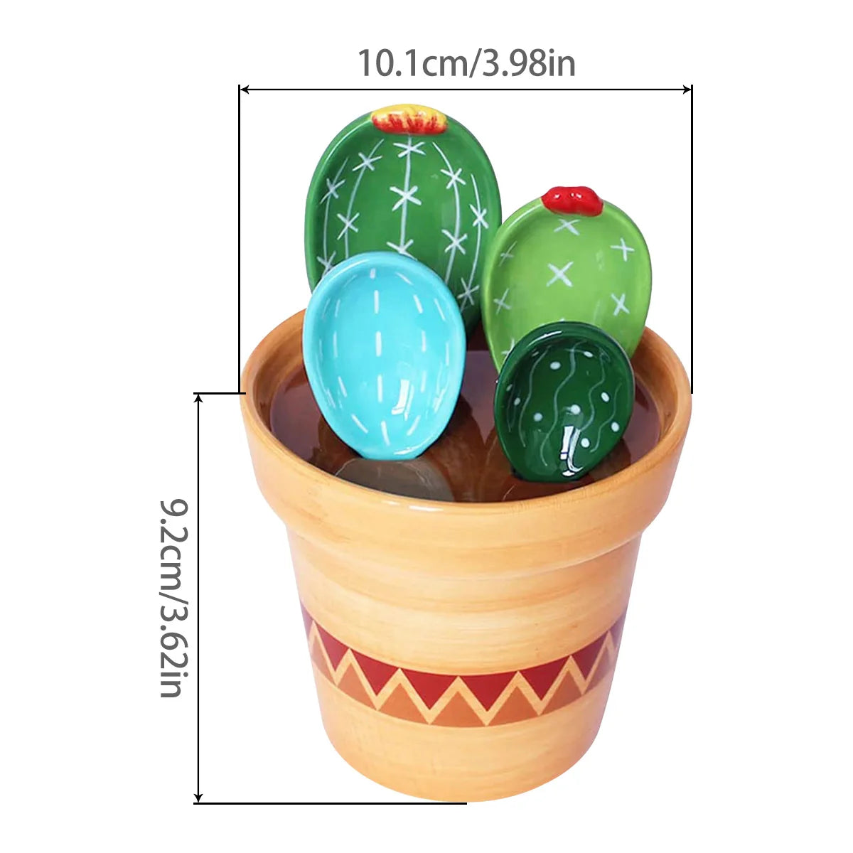 4-Piece Porcelain Cactus Measuring Spoons Set with Decorative Base | Cute Ceramic Flower Pot Style for Sugar, Spice & Kitchen Décor