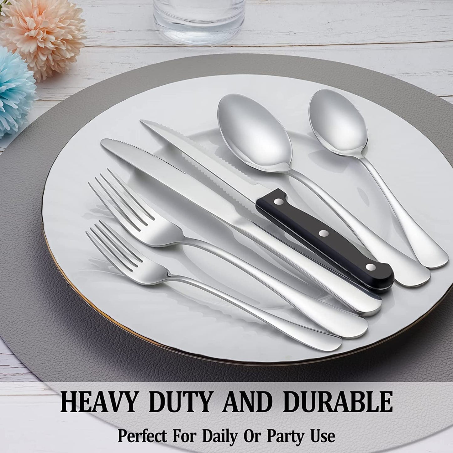 Silverware Set with Steak Knives Service for 4,Stainless Steel Flatware, Mirror Polished Cutlery Utensil Set for Home Kitchen Eating Tableware, Include Fork Knife Spoon, Dishwasher Safe