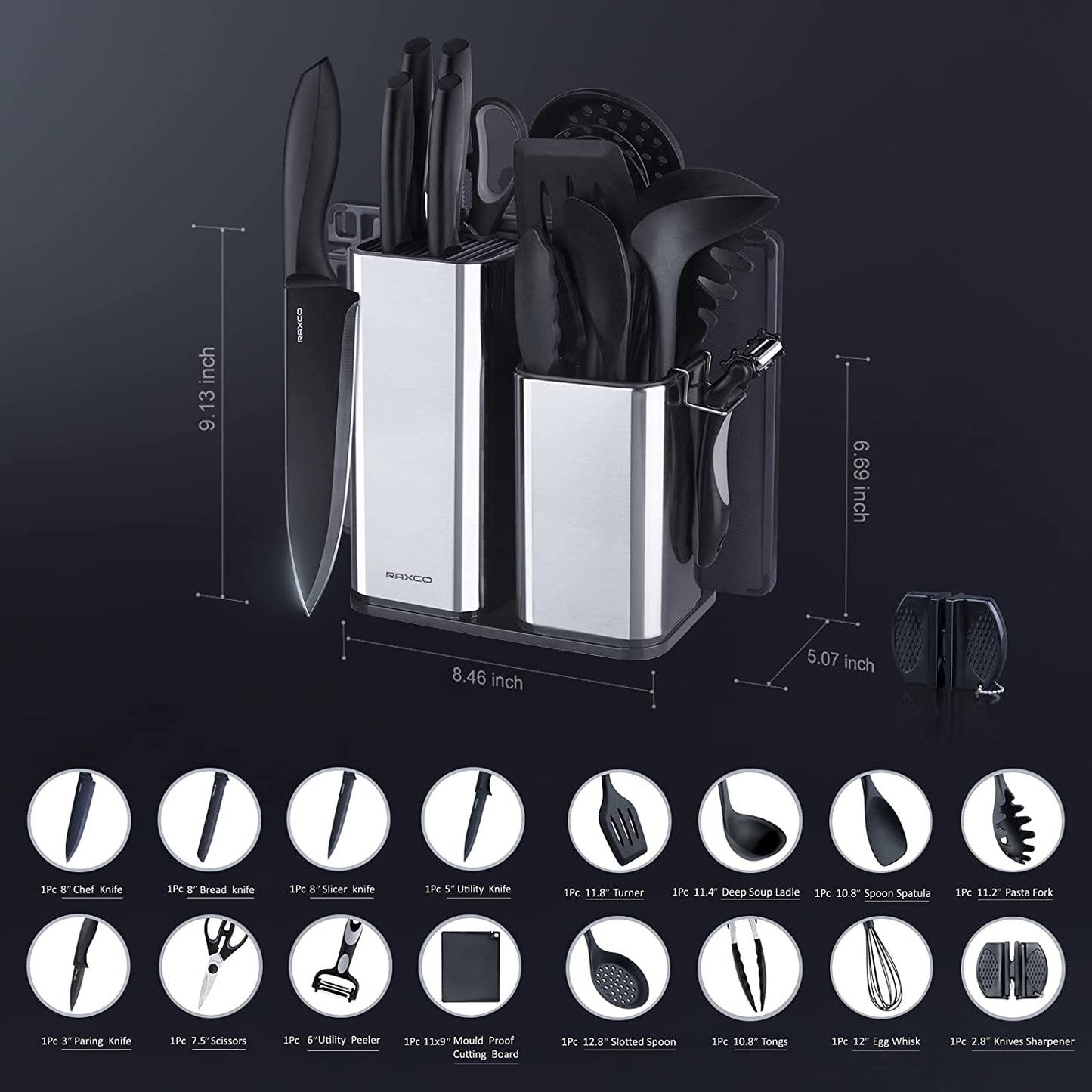 Kitchen Utensils Set,18-Piece Cooking Tools and Sharp Knives,Stainless Steel Holder and Cutting Board