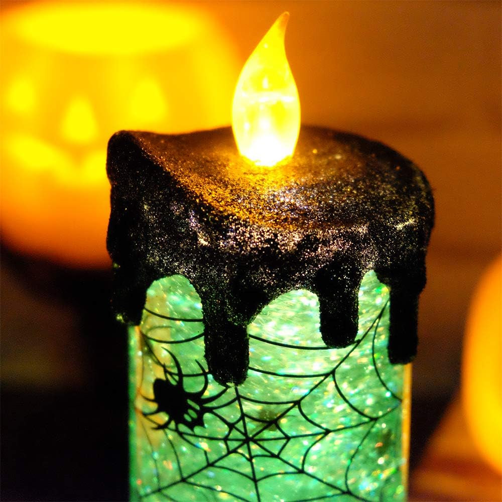 Halloween Snow Globe Candles Lighted Lamp, Battery Operated Spooky Spinning Water Glittering Tornado Candle Flameless Candles Table Centerpiece for Halloween Decoration Indoor(Spider)