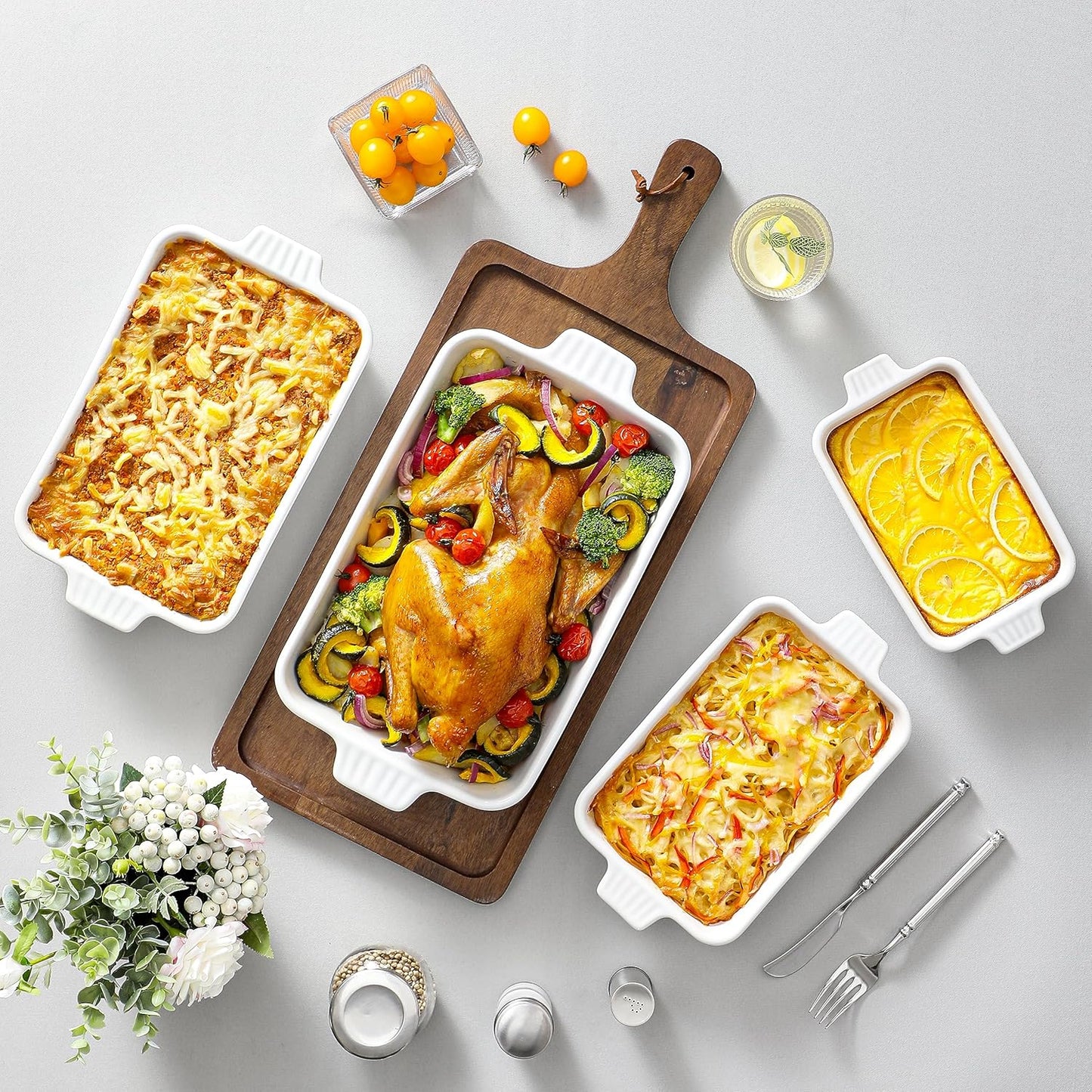 Casserole Dishes for Oven, Porcelain Baking Dishes, Ceramic Bakeware Sets of 4, Rectangular Lasagna Pans Deep with Handles for Baking Cake Kitchen, White (9.4"/11.1"/12.2"/14.7"), Series