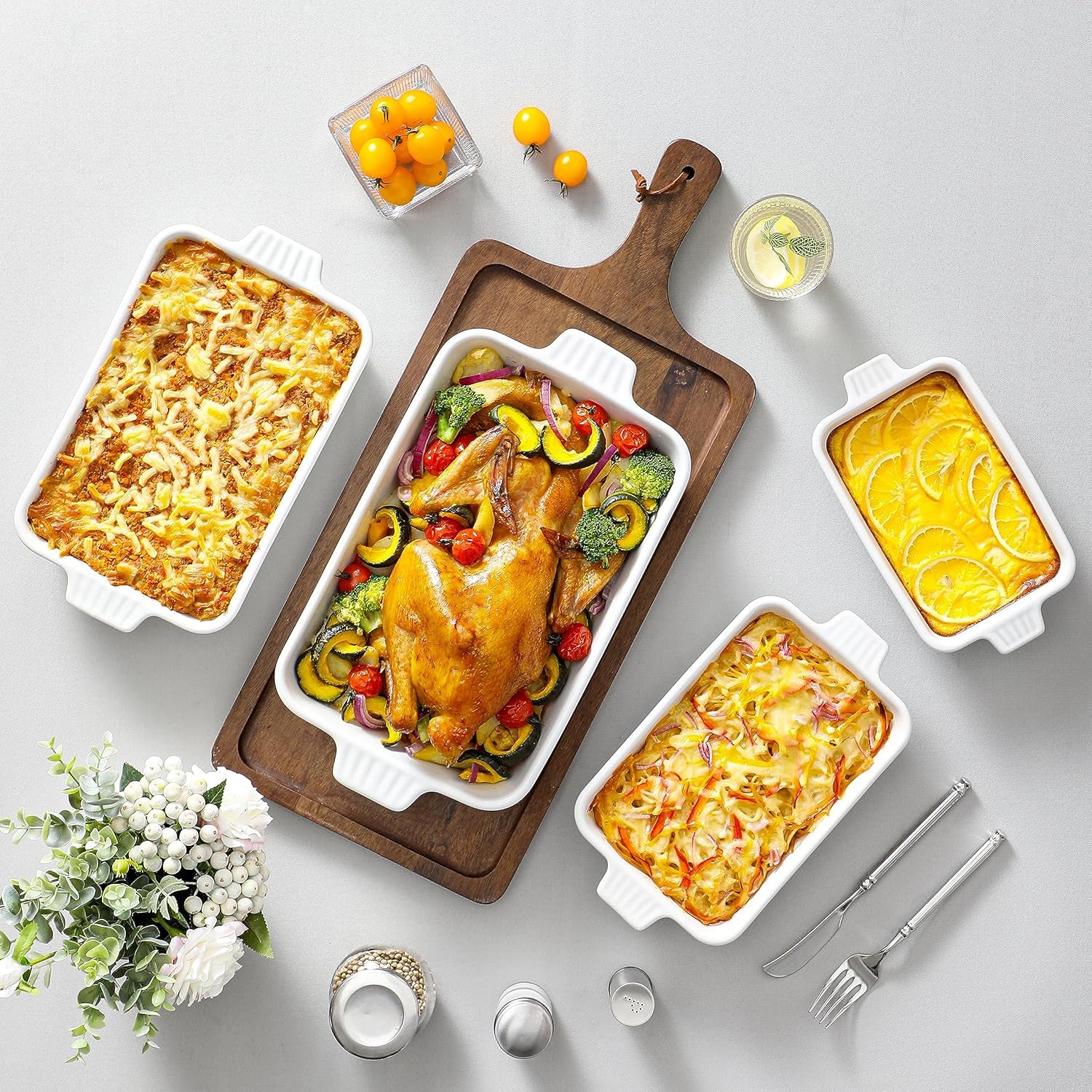 Casserole Dishes for Oven, Porcelain Baking Dishes, Ceramic Bakeware Sets of 4, Rectangular Lasagna Pans Deep with Handles for Baking Cake Kitchen, White (9.4"/11.1"/12.2"/14.7"), Series