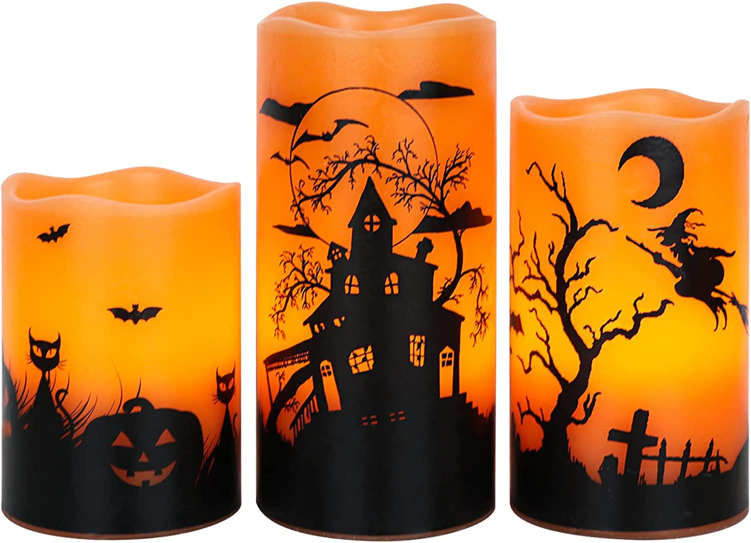 Halloween Flickering Flameless Candles with 6 Hour Timer, Battery Operated LED Real Wax Candles Set of 3 Halloween Home Decoration Gifts(3 X 4 5 6 Inch)