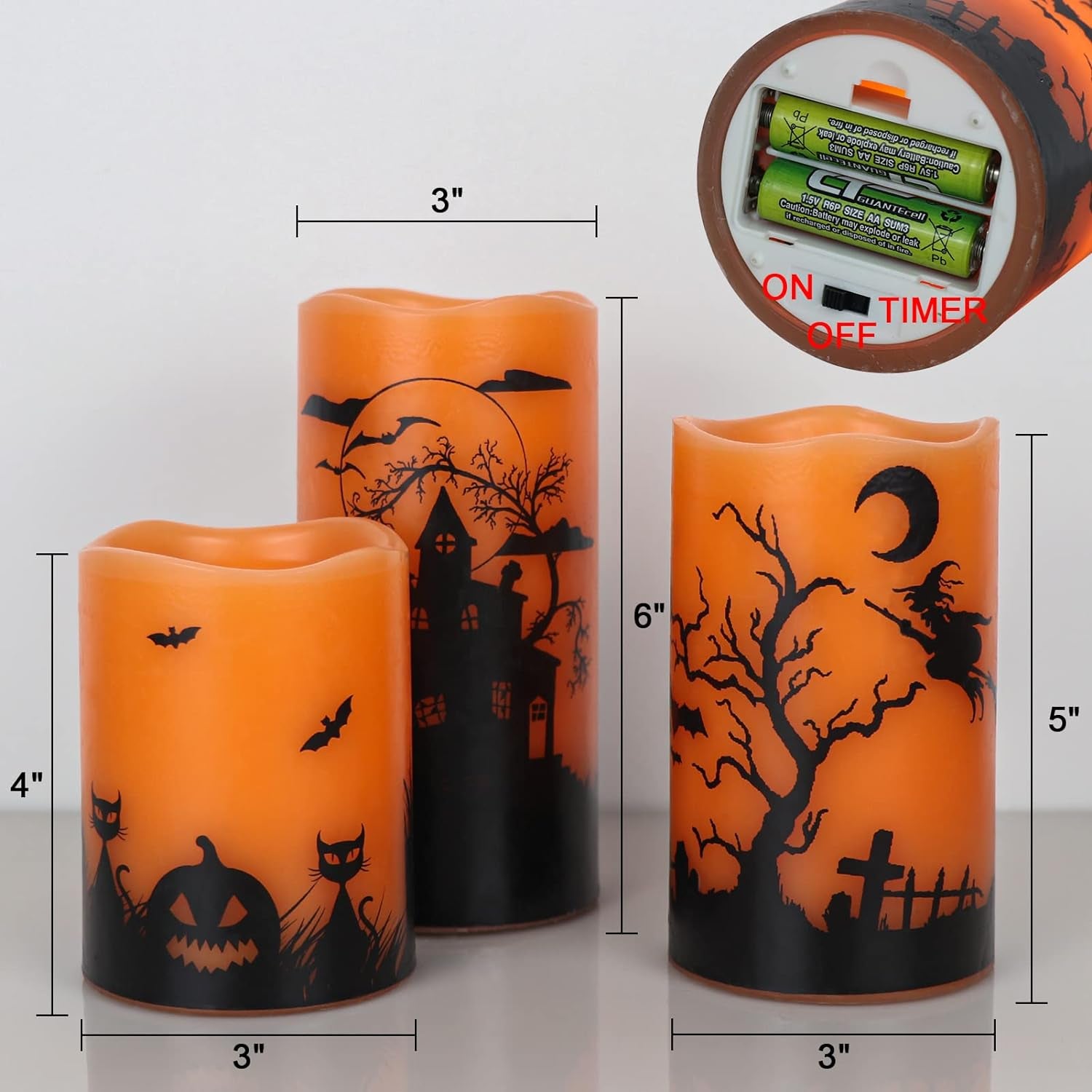 Halloween Flickering Flameless Candles with 6 Hour Timer, Battery Operated LED Real Wax Candles Set of 3 Halloween Home Decoration Gifts(3 X 4 5 6 Inch)