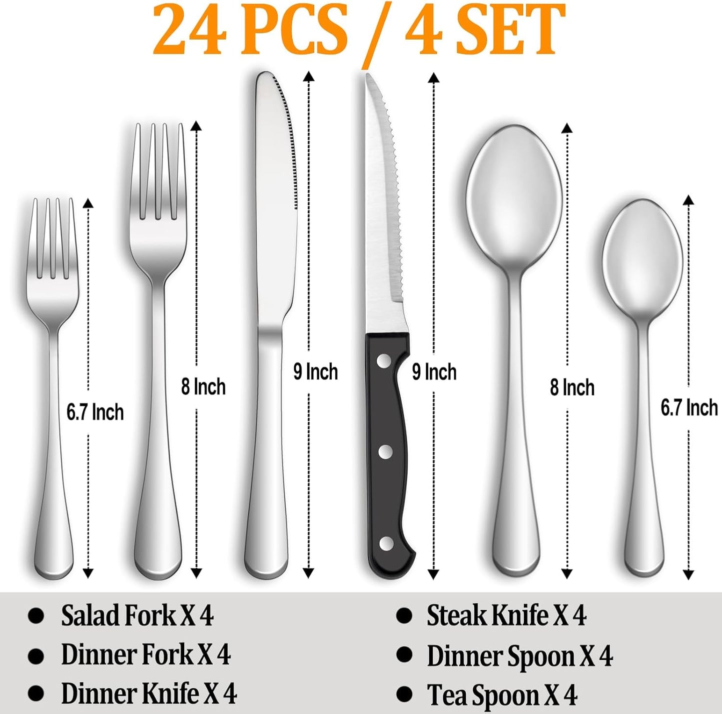 Silverware Set with Steak Knives Service for 4,Stainless Steel Flatware, Mirror Polished Cutlery Utensil Set for Home Kitchen Eating Tableware, Include Fork Knife Spoon, Dishwasher Safe