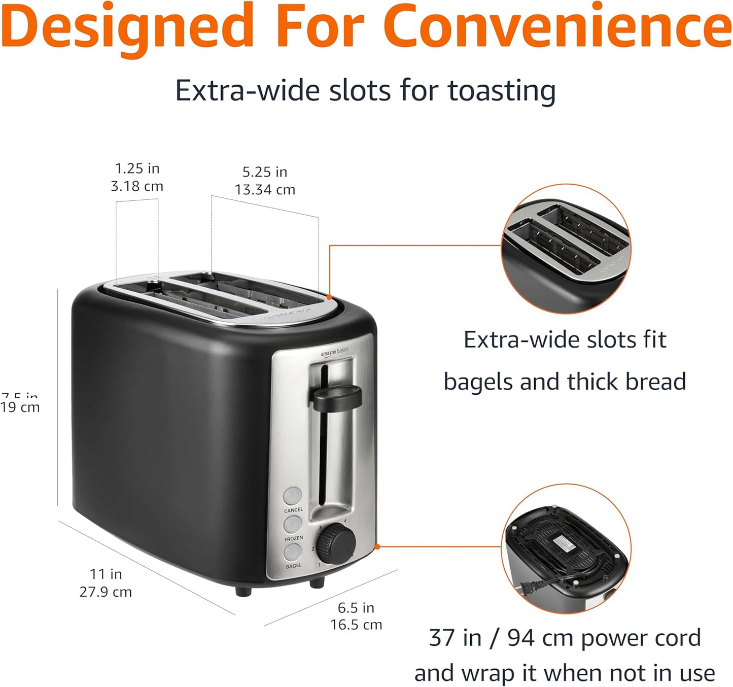 2 Slice Toaster, with 6 Browning Settings, Extra Wide Slots for Bagels and Special Breads, Removable Easy-To-Clean Crumb Tray, Cancel/Defrost/Bagel Buttons, 900W, Black & Silver