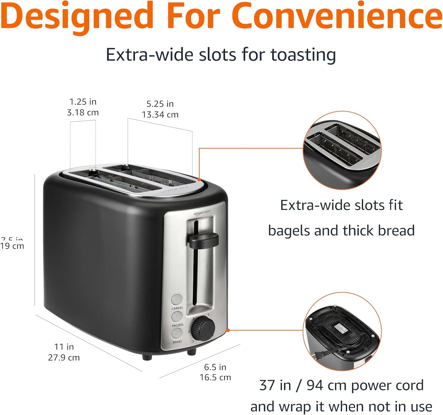 2 Slice Toaster, with 6 Browning Settings, Extra Wide Slots for Bagels and Special Breads, Removable Easy-To-Clean Crumb Tray, Cancel/Defrost/Bagel Buttons, 900W, Black & Silver