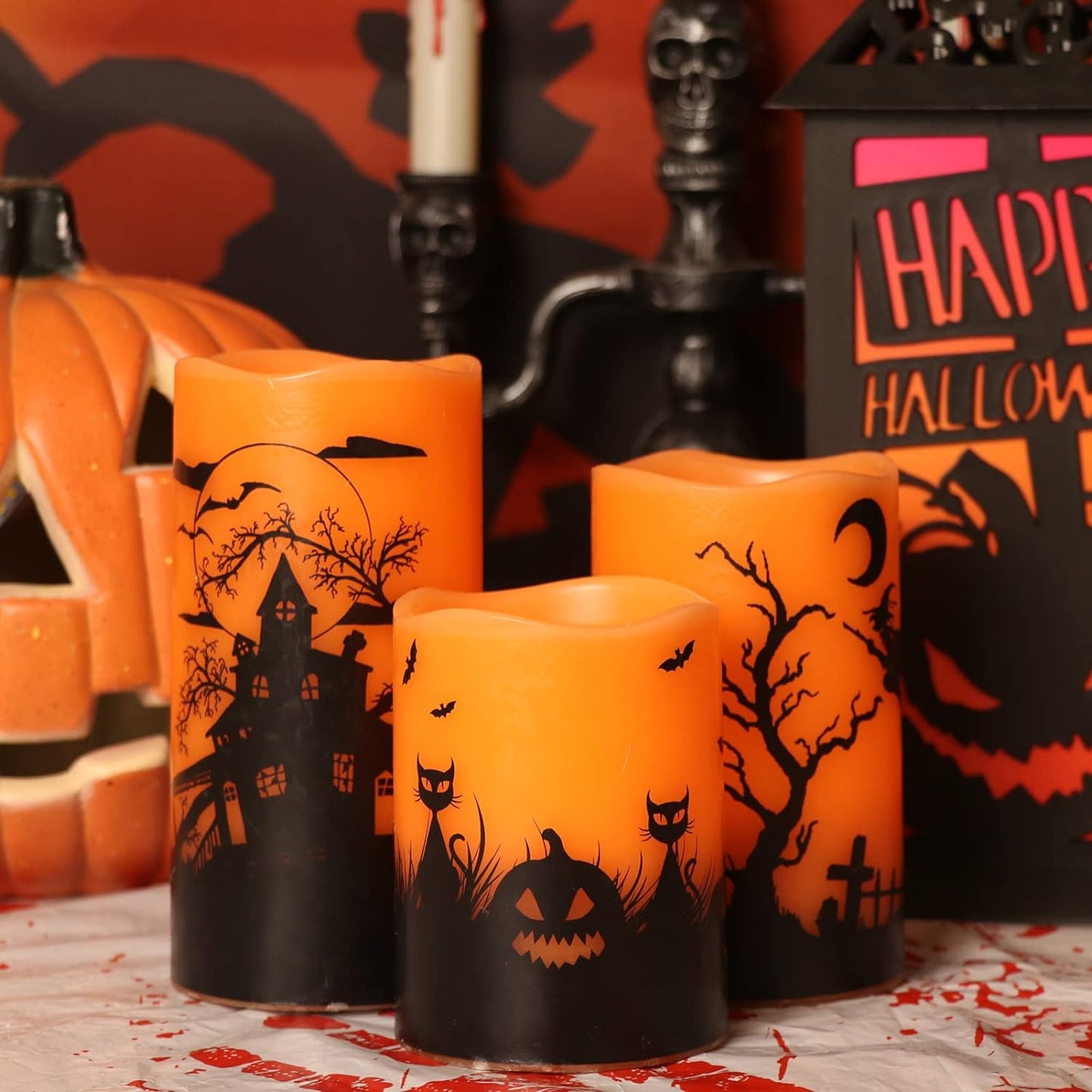 Halloween Flickering Flameless Candles with 6 Hour Timer, Battery Operated LED Real Wax Candles Set of 3 Halloween Home Decoration Gifts(3 X 4 5 6 Inch)