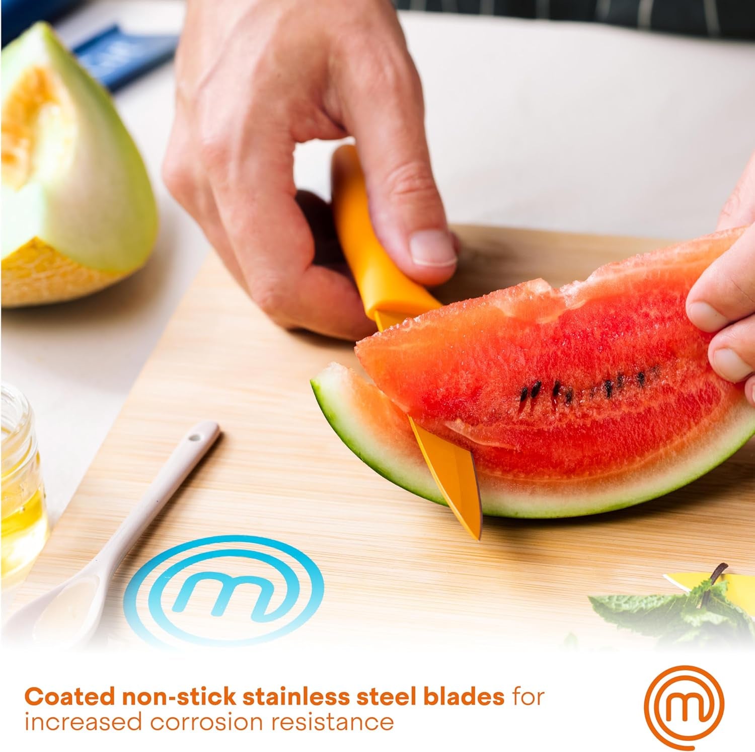 Knife Block Set of 6 Kitchen Knives, Extra Sharp Stainless Steel Blades for Professional Cutting with Non Stick Coating & Soft Touch Easy Grip Handles in a Red Universal Block, Vivid Color