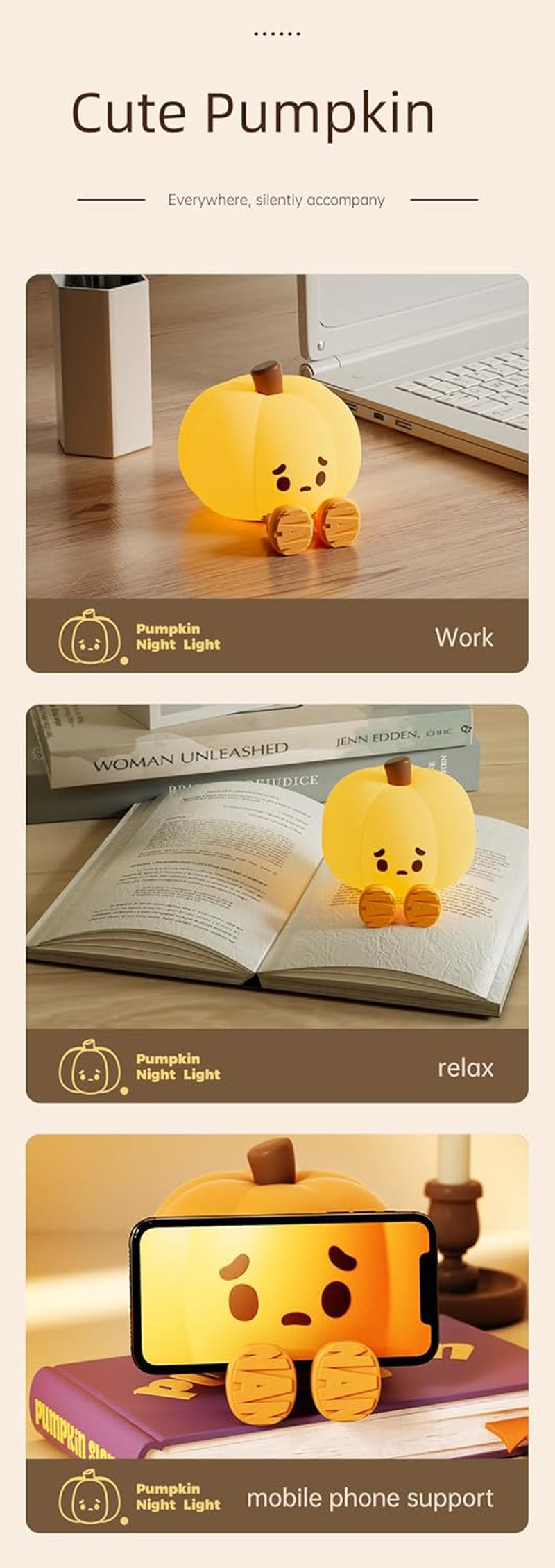 Pumpkin Night Light, Halloween LED Squishy Novelty Lamp, Food Grade Silicone, Dimmable, Rechargeable Breastfeeding Nursery Nightlight for Desk Decor, Funny Gifts Stuff for Kids Women Boys Girls