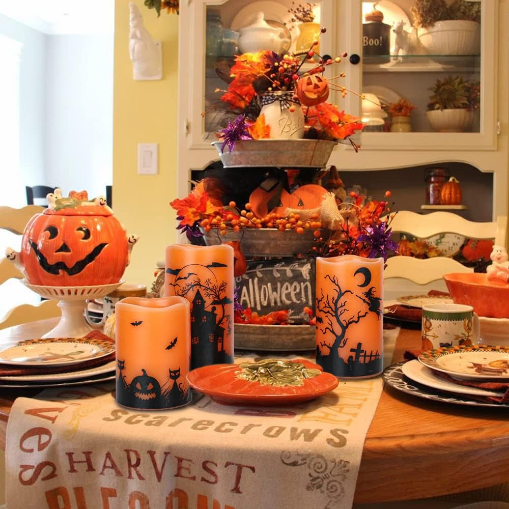 Halloween Flickering Flameless Candles with 6 Hour Timer, Battery Operated LED Real Wax Candles Set of 3 Halloween Home Decoration Gifts(3 X 4 5 6 Inch)