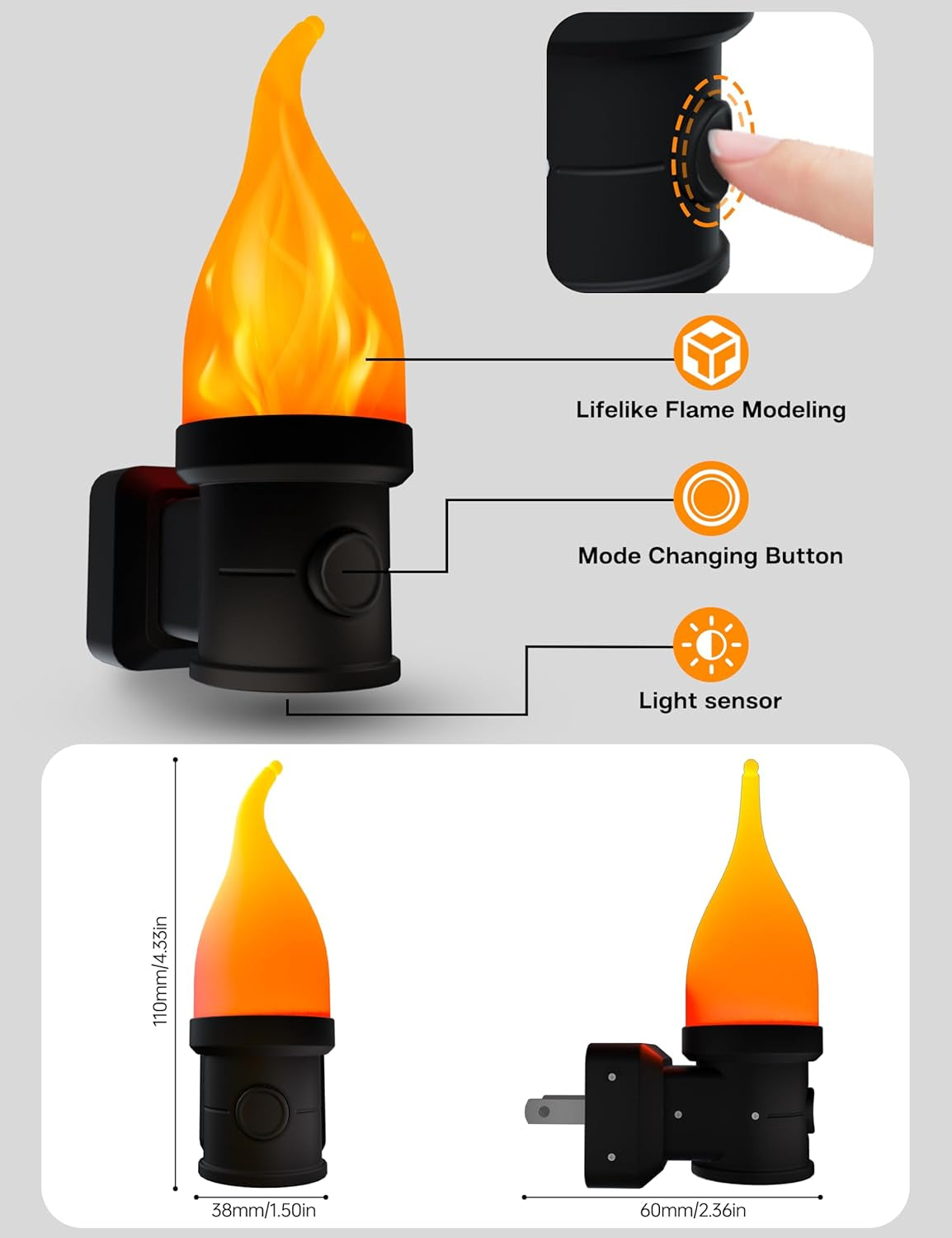 Flickering Flame Night Light Plug in 2 Pack, Halloween Night Lights Plug into Wall, with Dusk to Dawn Sensor, 3 Modes, Home Decor, Flameless Candle Nightlight for Decorative Halloween Bedroom