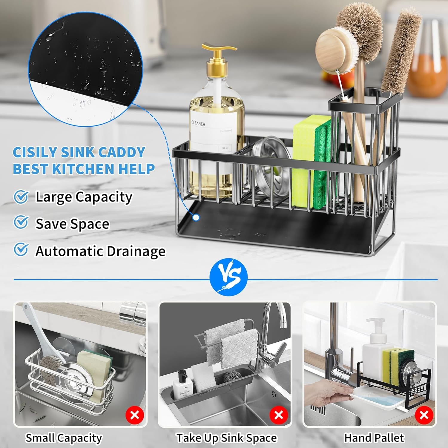 Kitchen Sink Caddy Organzier with High Brush Holder, Sponge Holder for Sink, 304 Rustproof Stainless, Kitchen Countertop Soap Dispenser Organizer, Kitchen Decor and Accessories