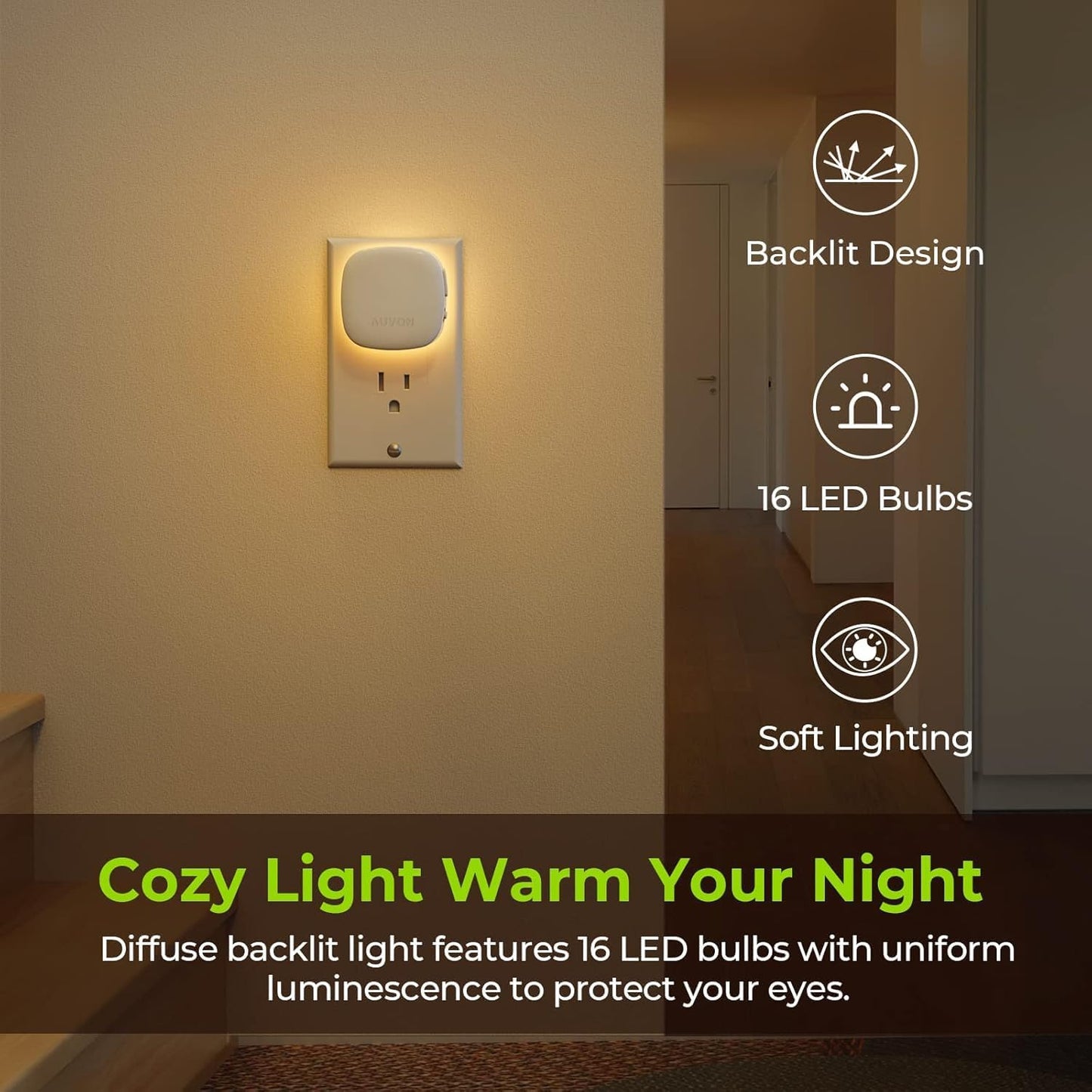 Plug-In LED Backlit Night Light with Motion Sensor & Dusk to Dawn Sensor, Dimmable Warm White Nightlight with 1-50 Lm Adjustable Brightness for Bedroom, Bathroom, Stairs, Hallway (4 Pack)