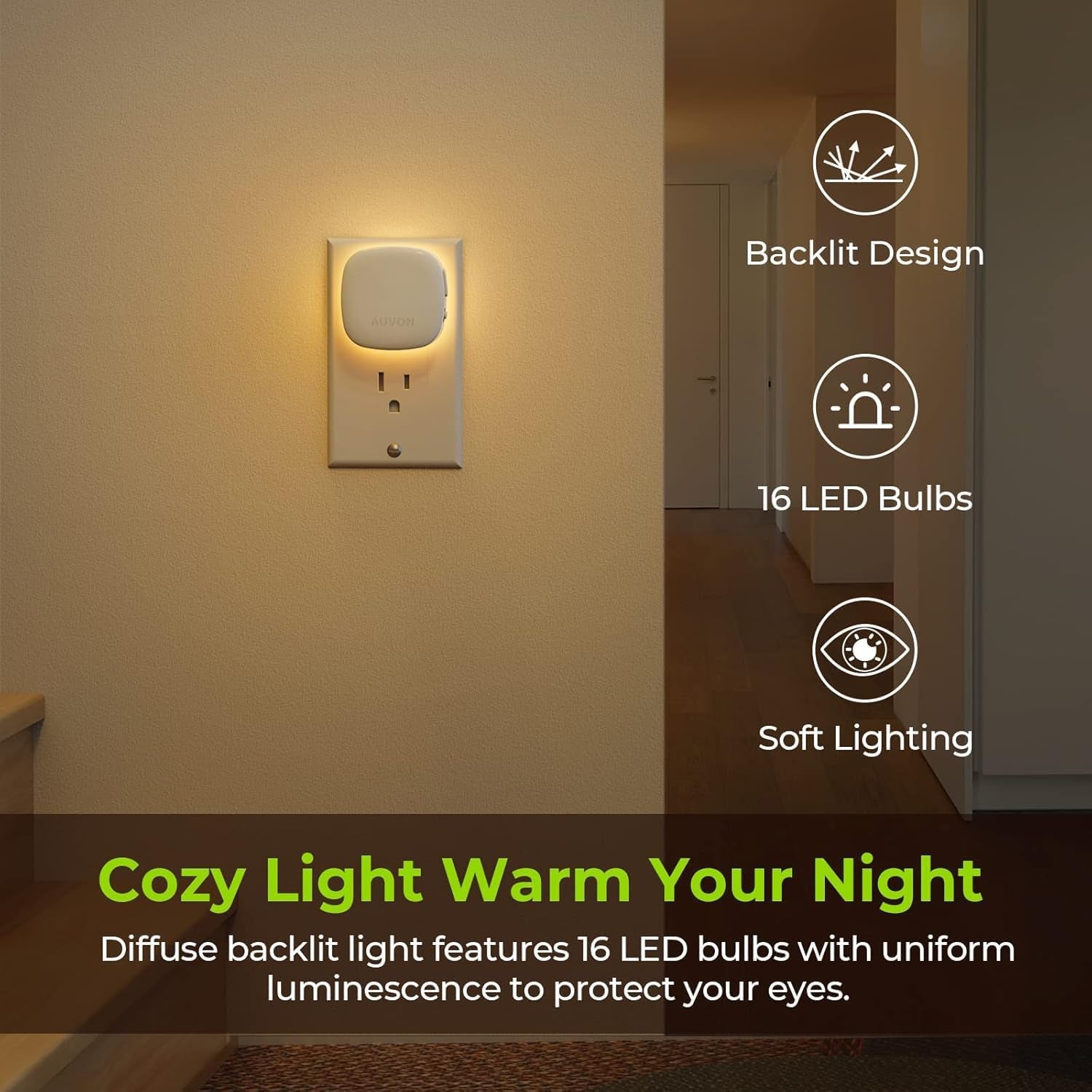 Plug-In LED Backlit Night Light with Motion Sensor & Dusk to Dawn Sensor, Dimmable Warm White Nightlight with 1-50 Lm Adjustable Brightness for Bedroom, Bathroom, Stairs, Hallway (4 Pack)
