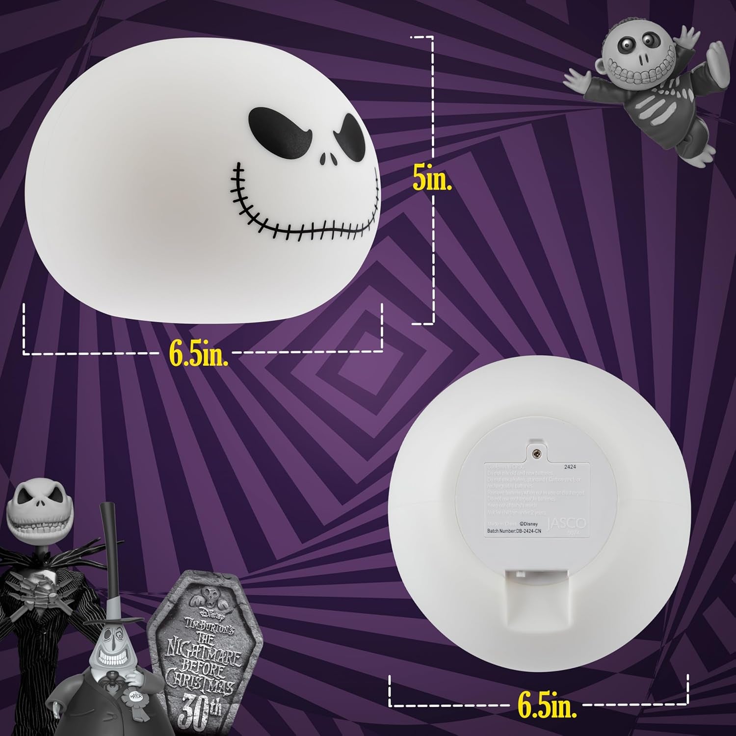 Jack Skellington Squishy Light - Color-Changing Night Light for Kids & Adults, Usb/Battery Operated Dimmable Lamp, Halloween & Christmas, Perfect for Bedroom, Playroom, Living Room (82503)