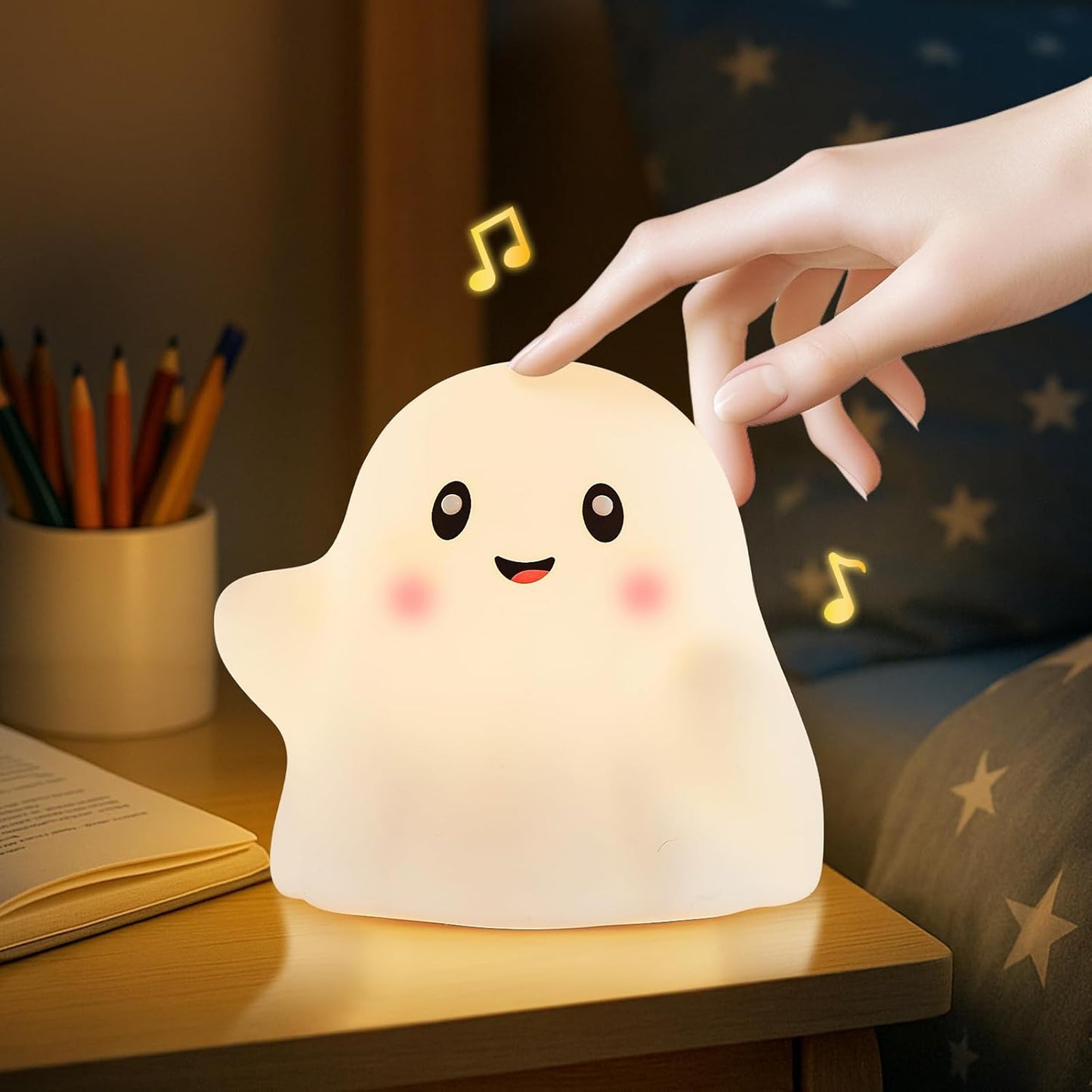 Halloween Cute Ghost Night Light for Kids-Touch+Squishy Silicone+2700K Eye-Safe Led+Fun Sounds,30-Min Timer,Dimmable,Nursery/Bedside/Bedroom Light - Gift for Boys&Girls&Baby&Toddler Cut Ghost Light