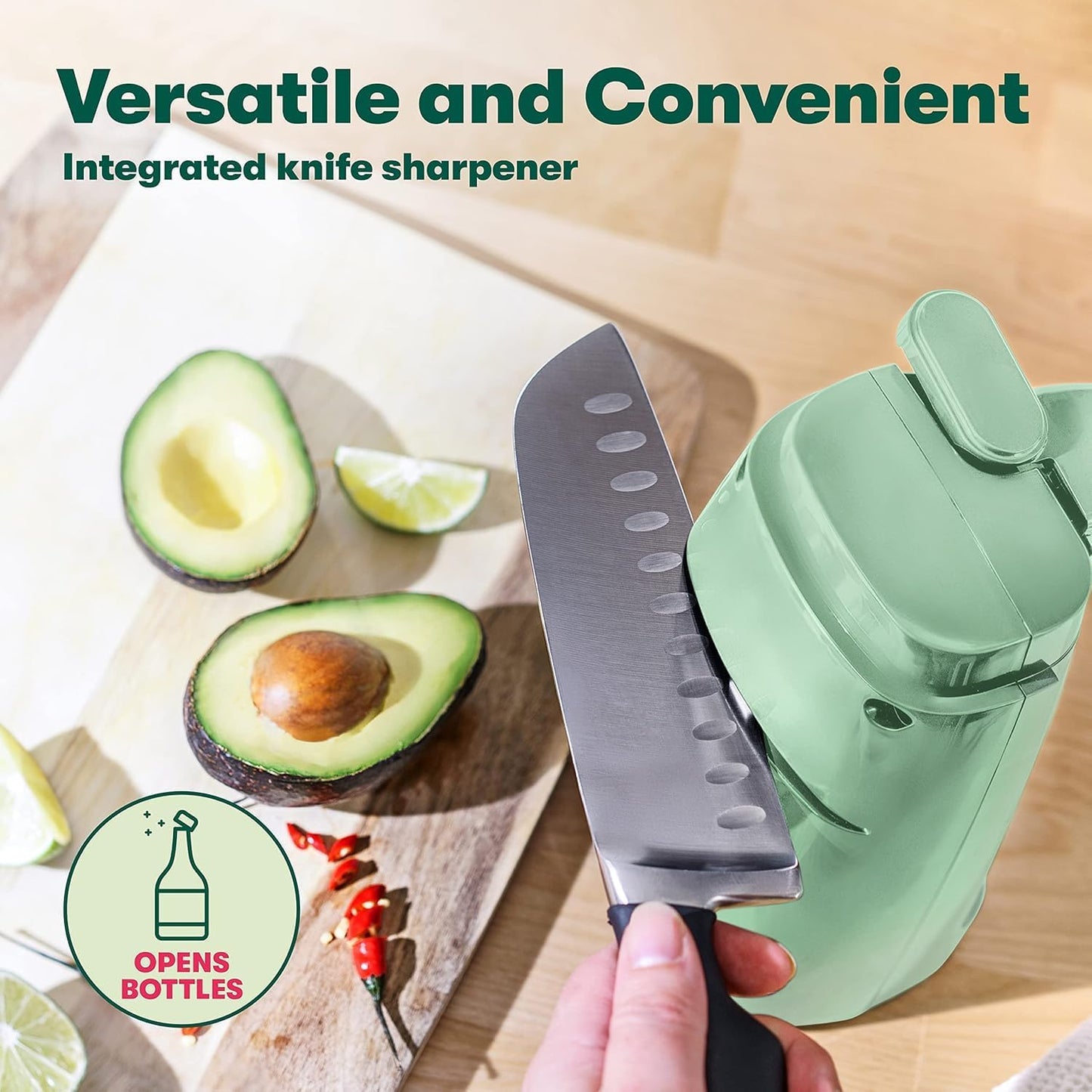 Electric Can Opener and Knife Sharpener, Multifunctional Jar and Bottle Opener with Removable Cutting Lever and Cord Storage, Stainless Steel Blade, Sage
