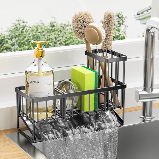 Kitchen Sink Caddy Organzier with High Brush Holder, Sponge Holder for Sink, 304 Rustproof Stainless, Kitchen Countertop Soap Dispenser Organizer, Kitchen Decor and Accessories