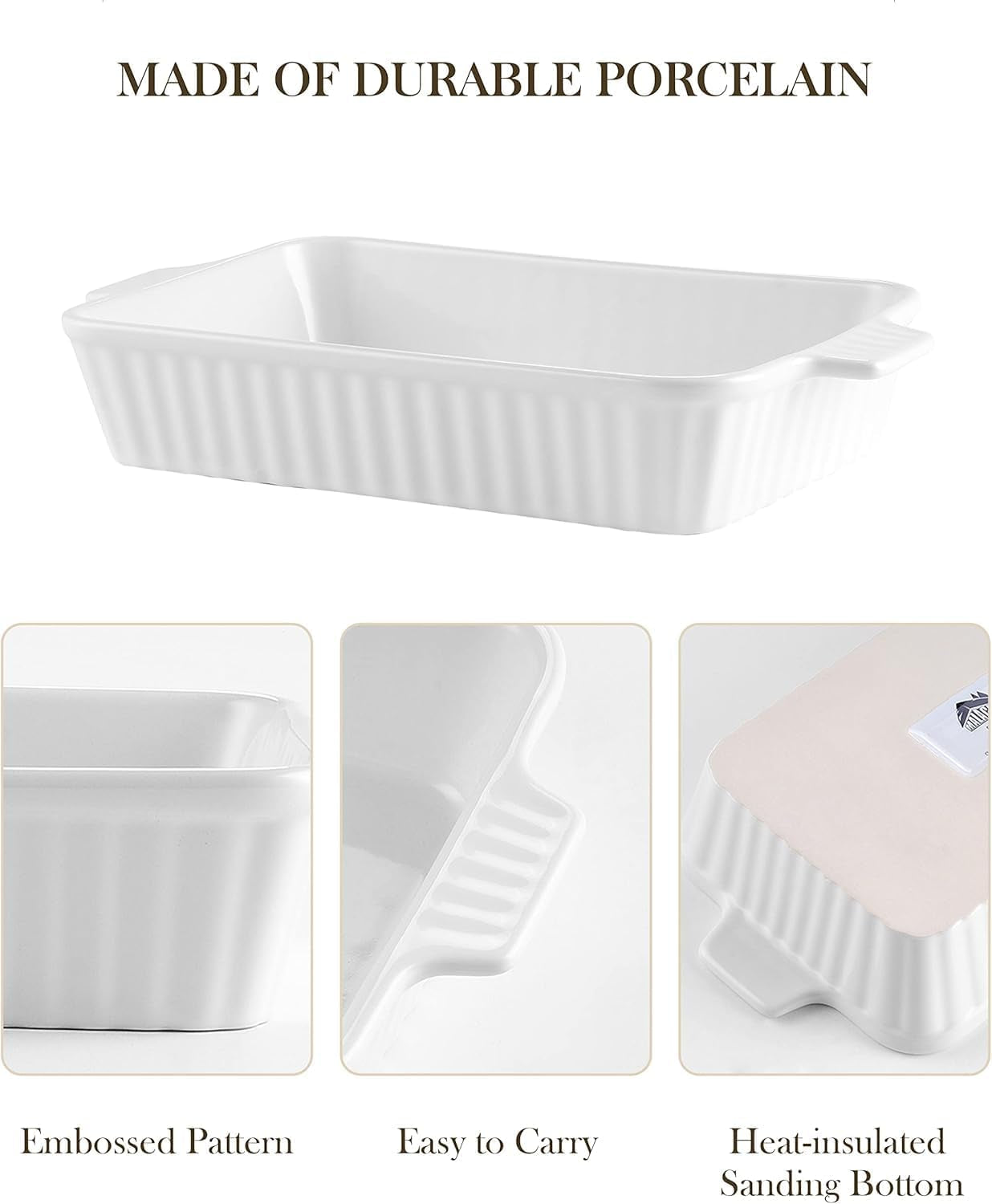 Casserole Dishes for Oven, Porcelain Baking Dishes, Ceramic Bakeware Sets of 4, Rectangular Lasagna Pans Deep with Handles for Baking Cake Kitchen, White (9.4"/11.1"/12.2"/14.7"), Series