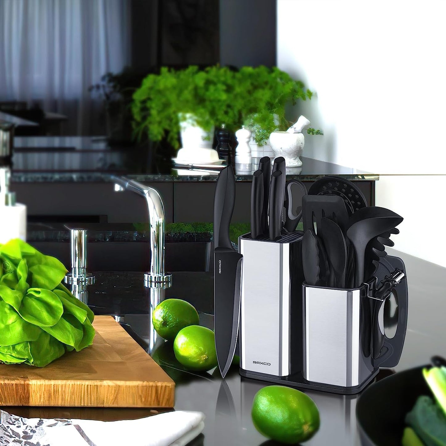 Kitchen Utensils Set,18-Piece Cooking Tools and Sharp Knives,Stainless Steel Holder and Cutting Board