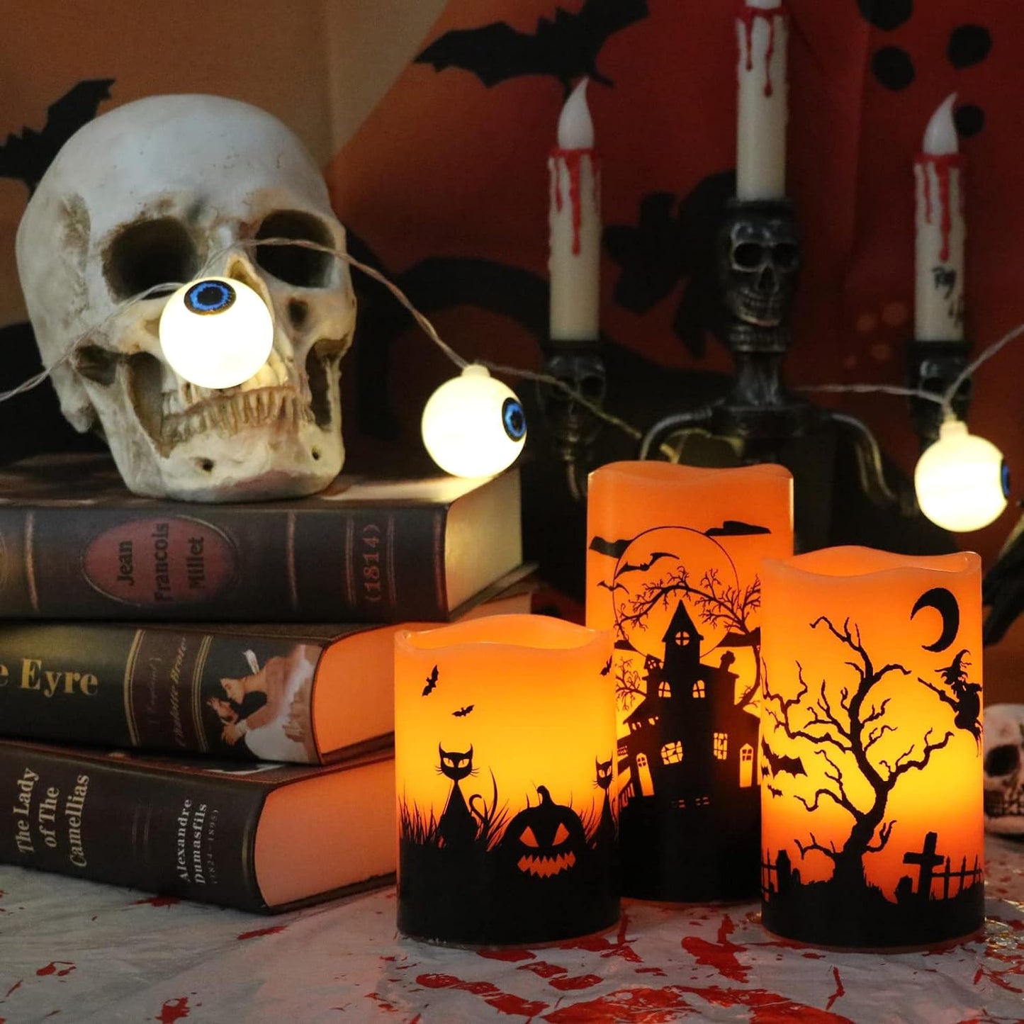 Halloween Flickering Flameless Candles with 6 Hour Timer, Battery Operated LED Real Wax Candles Set of 3 Halloween Home Decoration Gifts(3 X 4 5 6 Inch)