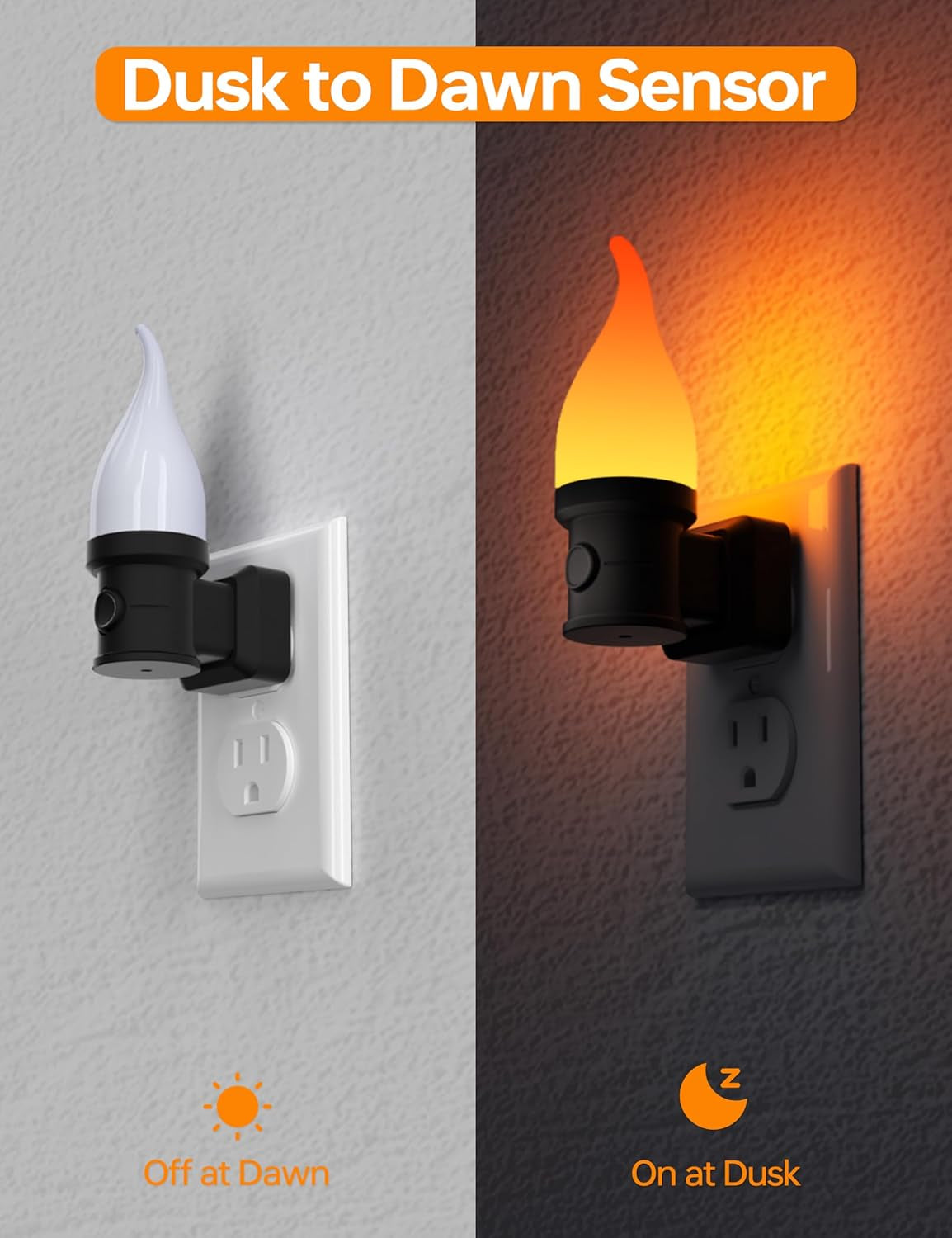 Flickering Flame Night Light Plug in 2 Pack, Halloween Night Lights Plug into Wall, with Dusk to Dawn Sensor, 3 Modes, Home Decor, Flameless Candle Nightlight for Decorative Halloween Bedroom