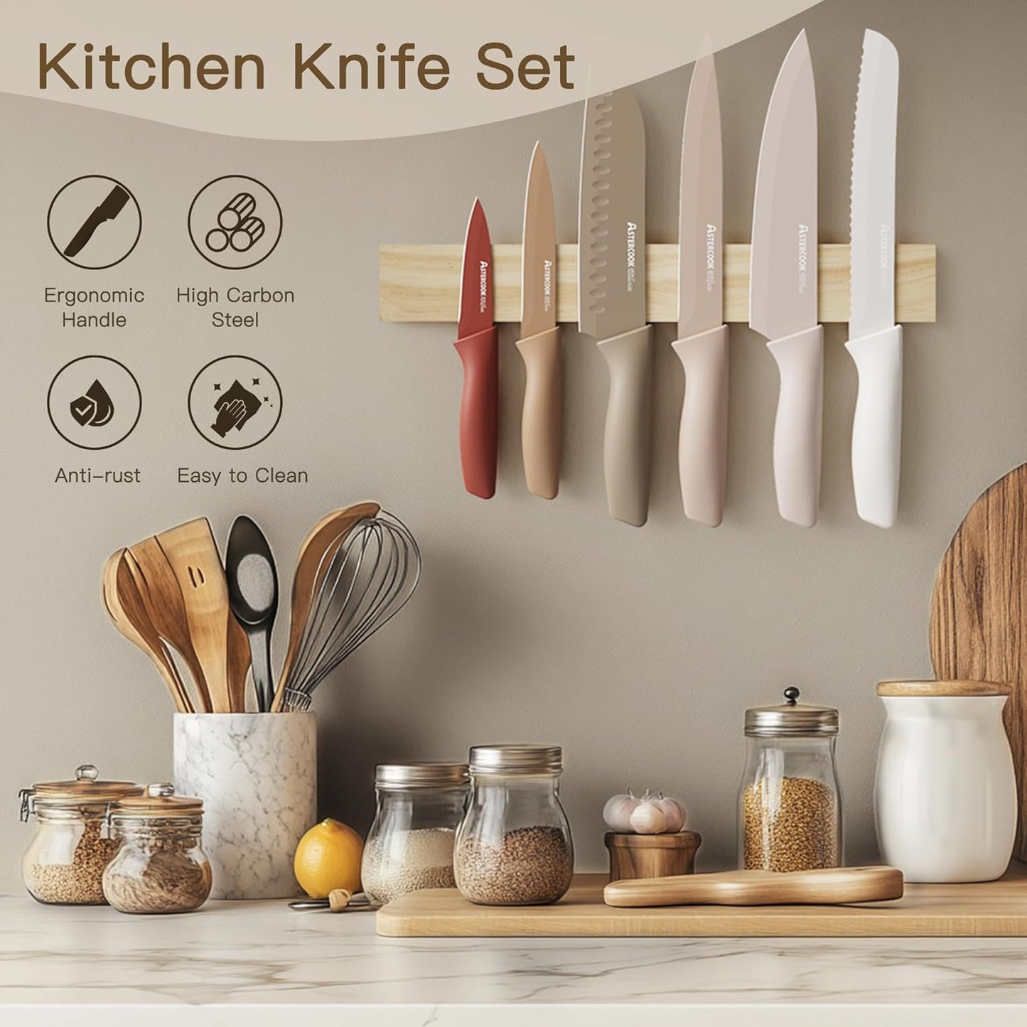 Knife Set, 13 Pieces Kitchen Knives Set with Healthy Anti-Rust Coating, Dishwasher Safe, Stainless Steel Chef Knife Sets with 6 Blade Guards, Perfect Holiday Gifts for Kitchen