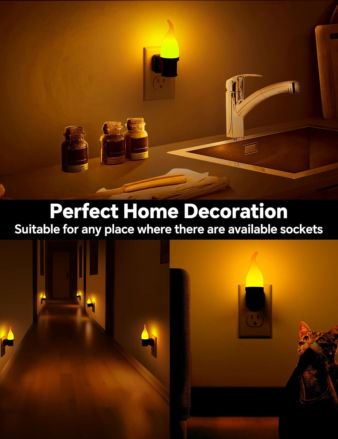 Flickering Flame Night Light Plug in 2 Pack, Halloween Night Lights Plug into Wall, with Dusk to Dawn Sensor, 3 Modes, Home Decor, Flameless Candle Nightlight for Decorative Halloween Bedroom