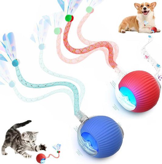 2 Packs Speed 2.0 Tail Interactive Cat Toys for Indoor Cats, Chirping & Motion Activate Cat Toy, Smart Kitten Rolling Ball Moving Ball Toys, Rechargeable Dog Cats Bal L for Enrichment Exercise