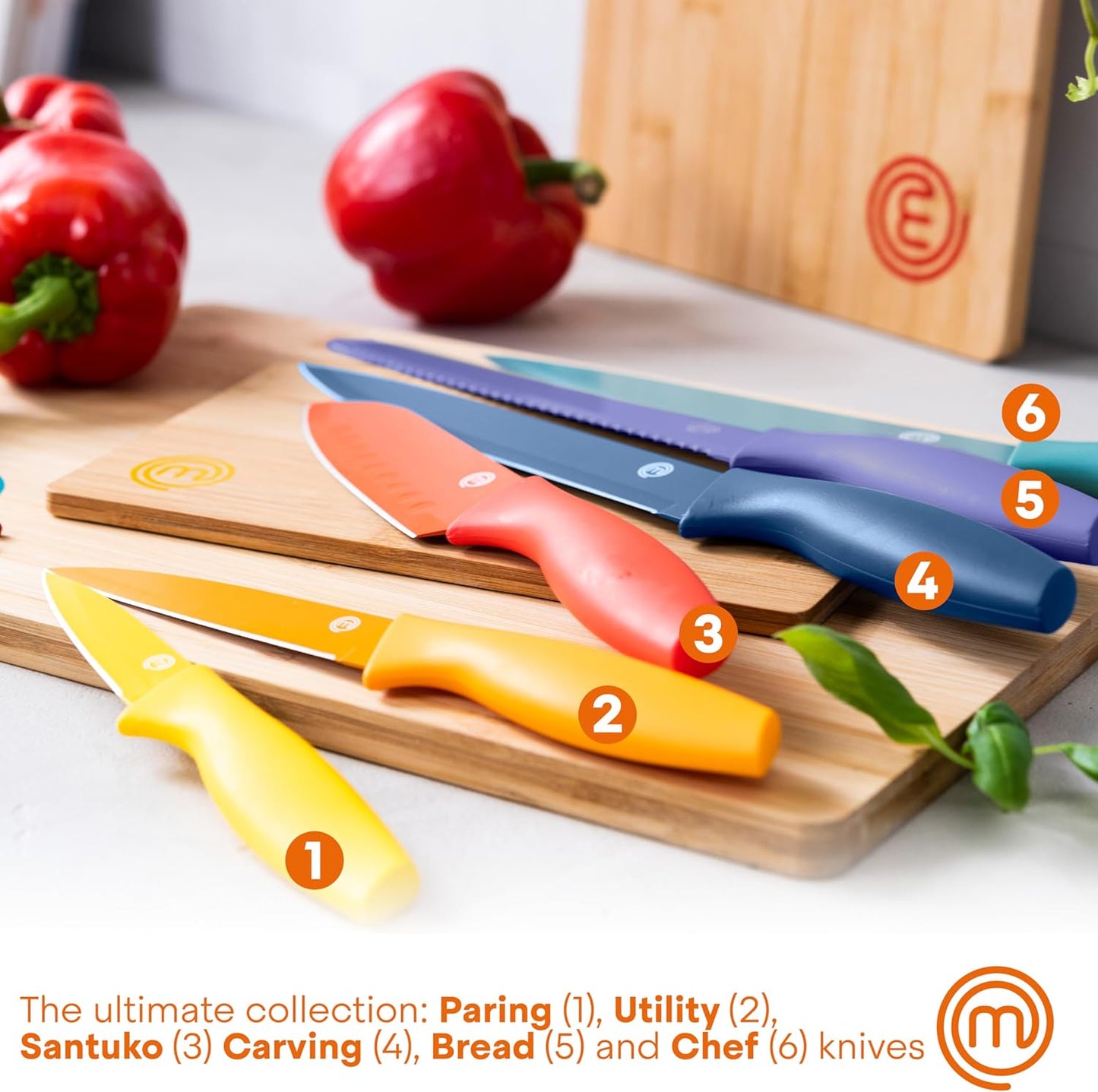 Knife Block Set of 6 Kitchen Knives, Extra Sharp Stainless Steel Blades for Professional Cutting with Non Stick Coating & Soft Touch Easy Grip Handles in a Red Universal Block, Vivid Color