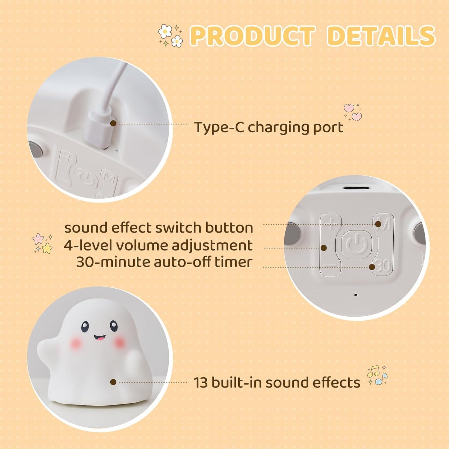 Halloween Cute Ghost Night Light for Kids-Touch+Squishy Silicone+2700K Eye-Safe Led+Fun Sounds,30-Min Timer,Dimmable,Nursery/Bedside/Bedroom Light - Gift for Boys&Girls&Baby&Toddler Cut Ghost Light