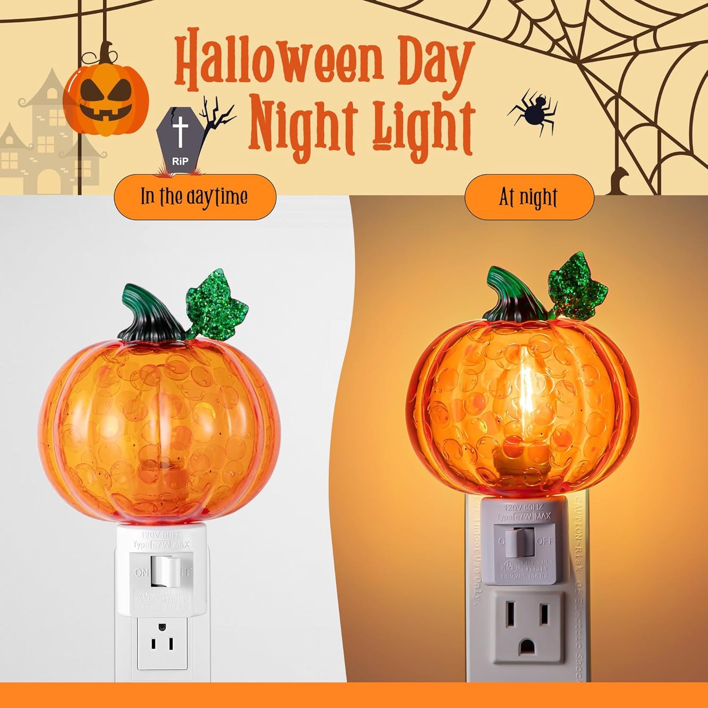 Halloween Pumpkin Bubble Night Light Plug into Wall, Bright Orange Pumpkin Fall Seasonal Light Powered by C7 LED Bulb Decoration for Home Bedroom Bathroom Kitchen Hallway(Classic Style)
