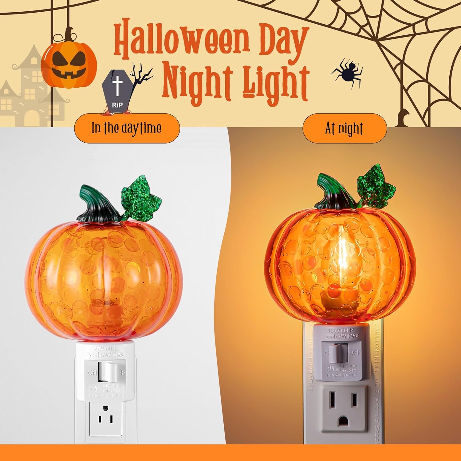 Halloween Pumpkin Bubble Night Light Plug into Wall, Bright Orange Pumpkin Fall Seasonal Light Powered by C7 LED Bulb Decoration for Home Bedroom Bathroom Kitchen Hallway(Classic Style)