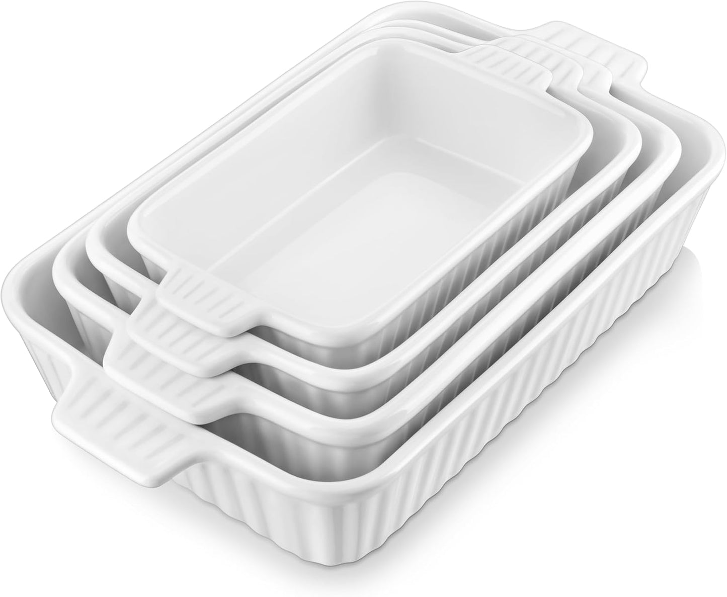 Casserole Dishes for Oven, Porcelain Baking Dishes, Ceramic Bakeware Sets of 4, Rectangular Lasagna Pans Deep with Handles for Baking Cake Kitchen, White (9.4"/11.1"/12.2"/14.7"), Series
