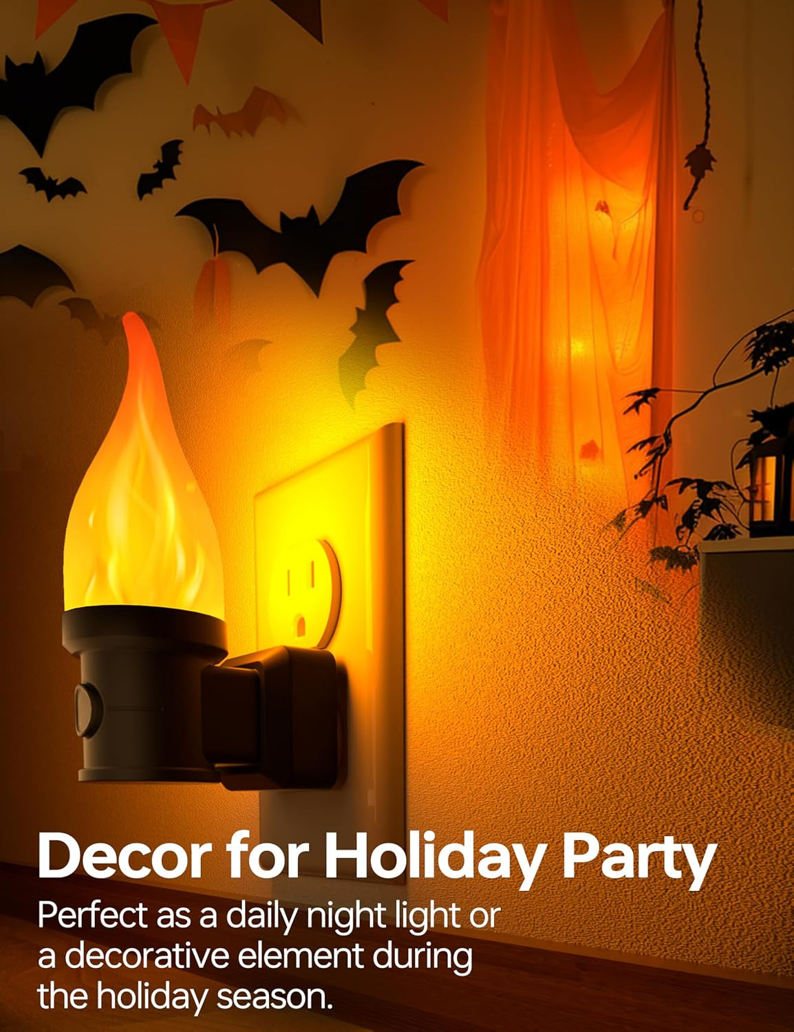 Flickering Flame Night Light Plug in 2 Pack, Halloween Night Lights Plug into Wall, with Dusk to Dawn Sensor, 3 Modes, Home Decor, Flameless Candle Nightlight for Decorative Halloween Bedroom