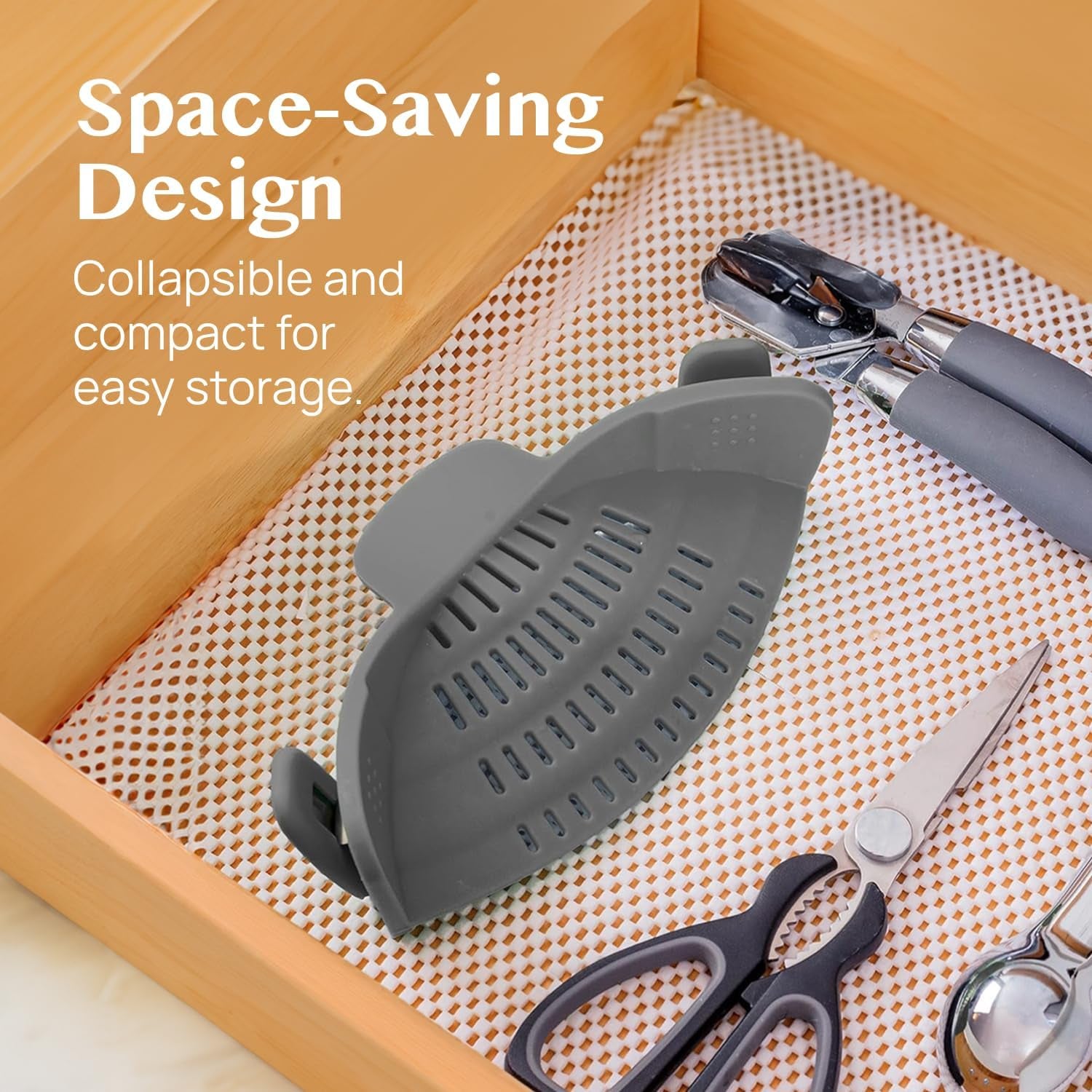 Snap N' Strain - Silicone Pasta Strainer Clip-On for Pots and Pans - Heat Resistant Colander for Vegetables and Noodles - Kitchen Gadgets for Cooking - Space-Saving Design - Gray
