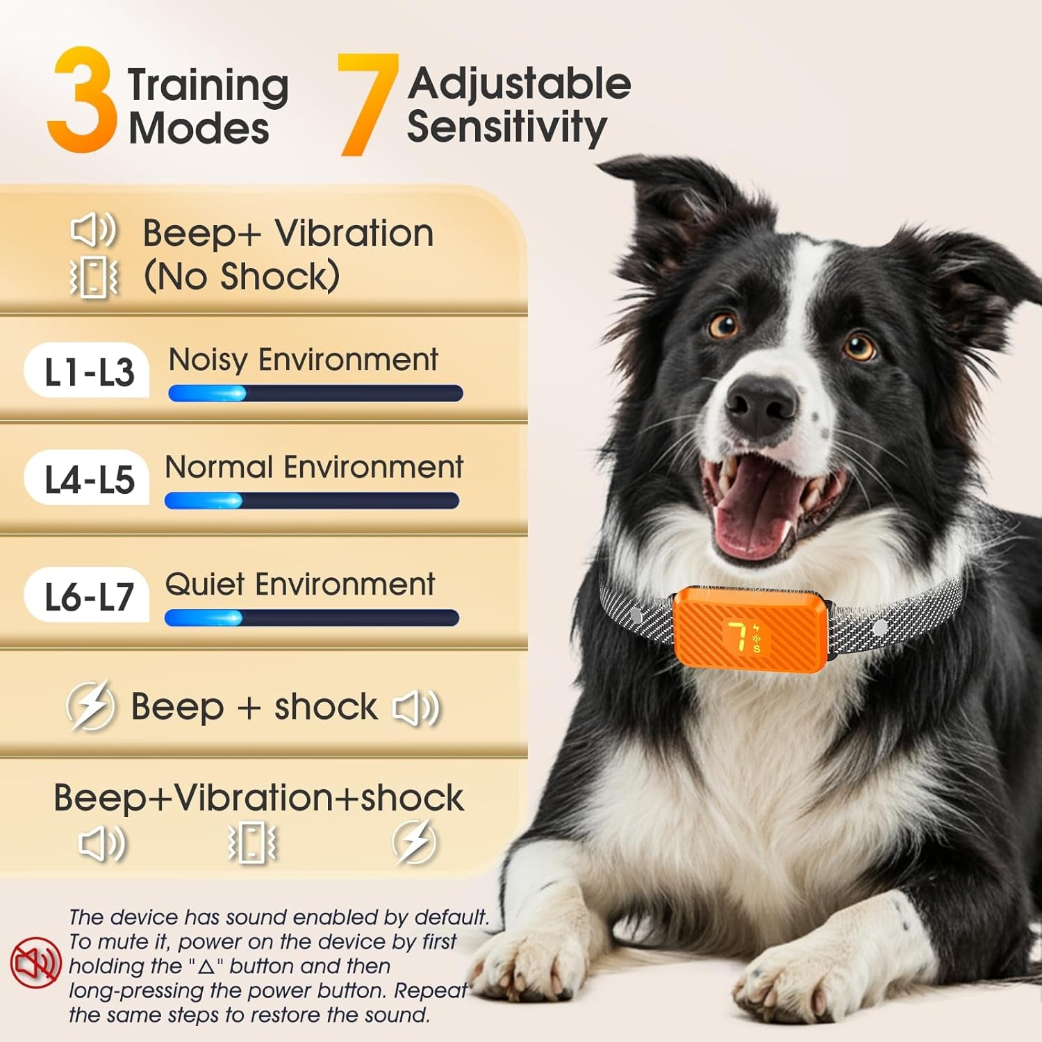 Dog Bark Collar for Large Medium Small Dogs, Effective No-Bark Collar, Smart Barking Collar, Rechargeable Bark Collar with 7-Level Sensitivity, 3 Beep & Vibration Modes, Waterproof, Orange