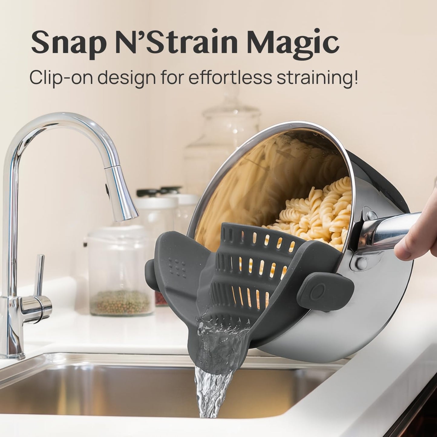 Snap N' Strain - Silicone Pasta Strainer Clip-On for Pots and Pans - Heat Resistant Colander for Vegetables and Noodles - Kitchen Gadgets for Cooking - Space-Saving Design - Gray