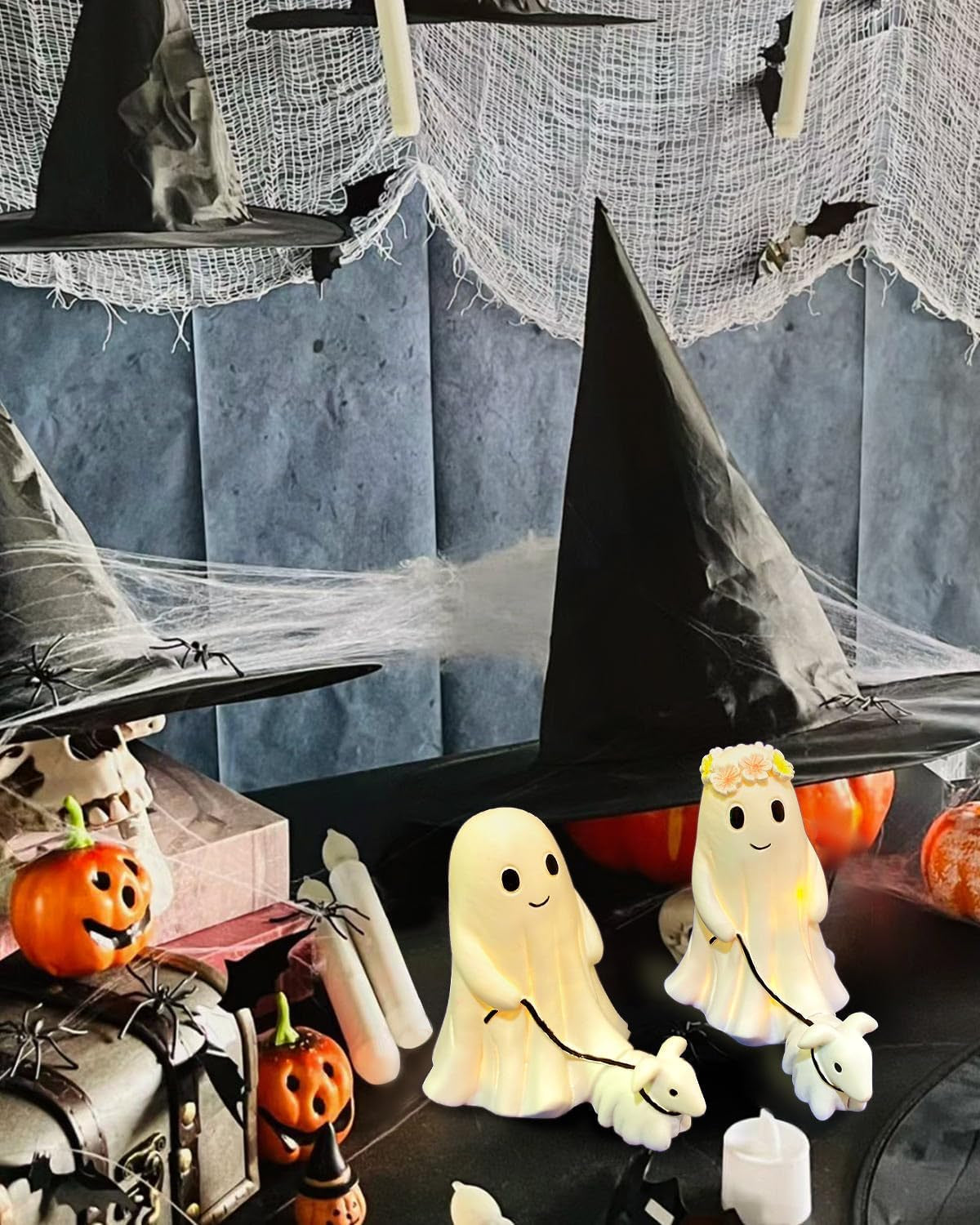 Ghost Walking Dog Display Statue Nightlight, Warm Lighted Indoor Figurine Lamps, Halloween Decors Spooky Dog Light, Cute Decorations for Party, Home, Bedroom, Shelf, Table Centerpiece (Boy)