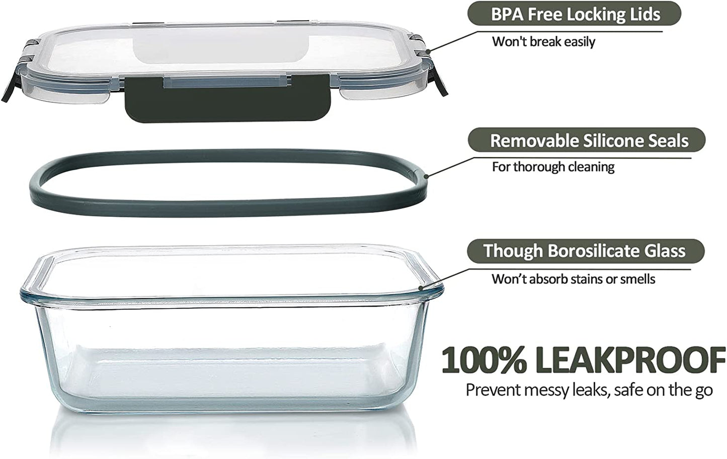 10-Pack Glass Food Storage Container with Lids, Airtight Lunch Bento Boxes, Glass Meal Prep Container,Microwave, Oven, Freezer and Dishwasher Friendly