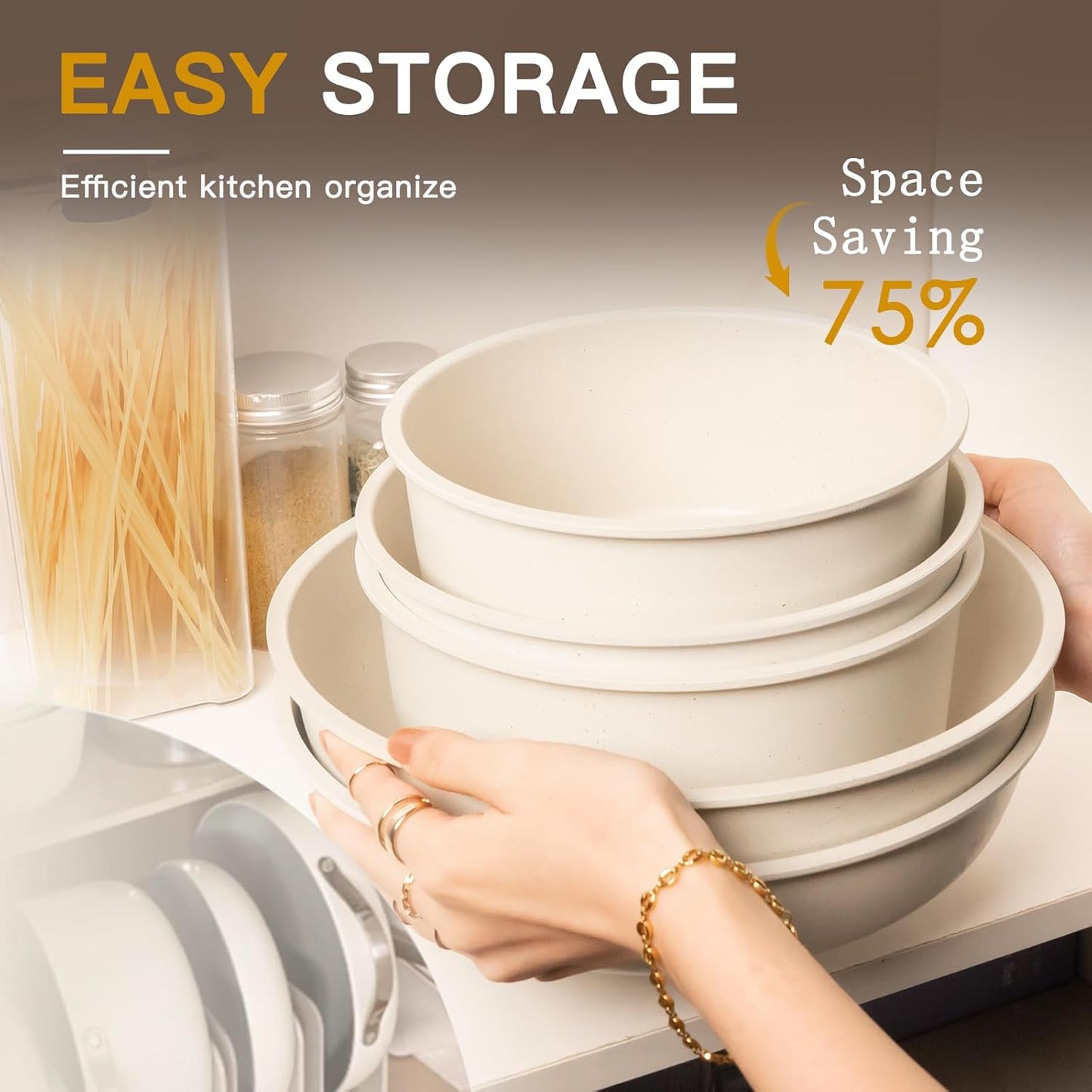 Ceramic Non-Stick Cookware 21 Pcs Pots and Pans Set, Detachable Handle, RV Kitchen Non Stick Cooking Set Removable Handles, Oven Safe, Induction Ready, Stackable, Cream White