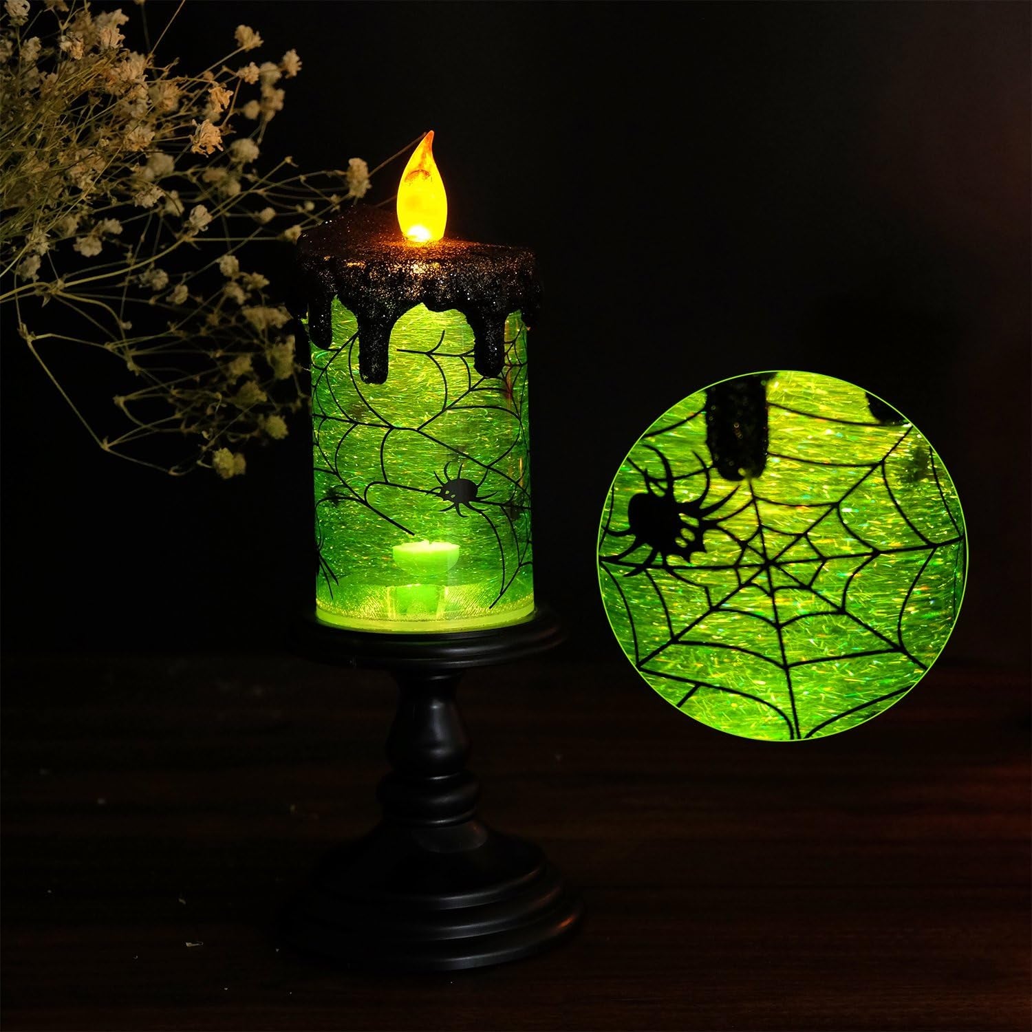 Halloween Snow Globe Candles Lighted Lamp, Battery Operated Spooky Spinning Water Glittering Tornado Candle Flameless Candles Table Centerpiece for Halloween Decoration Indoor(Spider)