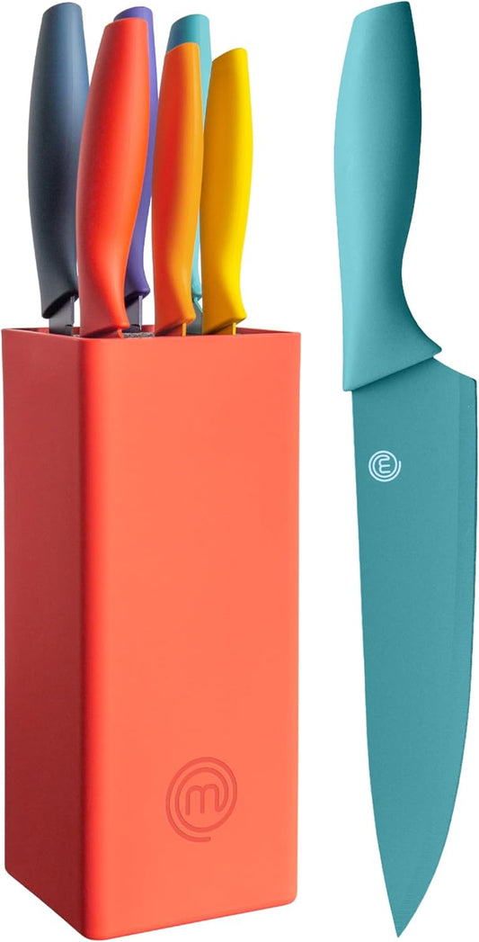 Knife Block Set of 6 Kitchen Knives, Extra Sharp Stainless Steel Blades for Professional Cutting with Non Stick Coating & Soft Touch Easy Grip Handles in a Red Universal Block, Vivid Color
