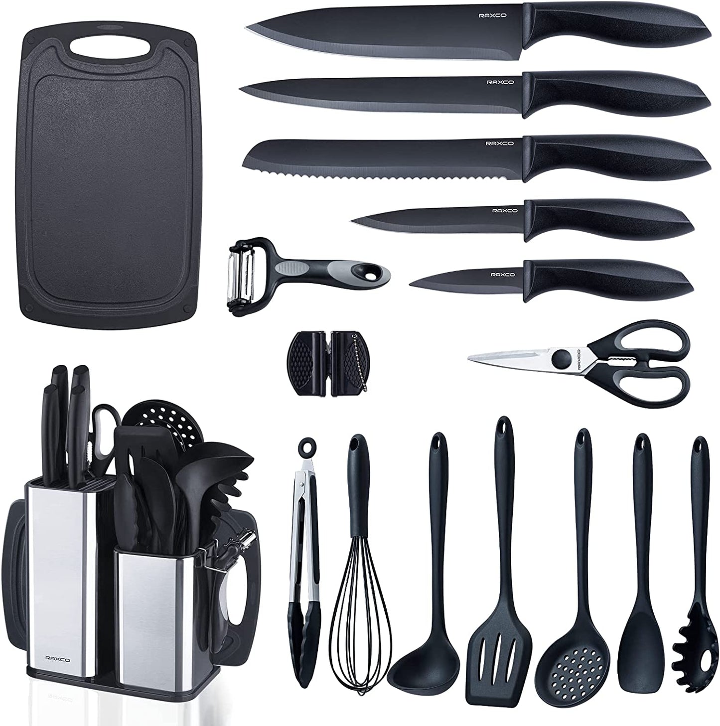 Kitchen Utensils Set,18-Piece Cooking Tools and Sharp Knives,Stainless Steel Holder and Cutting Board