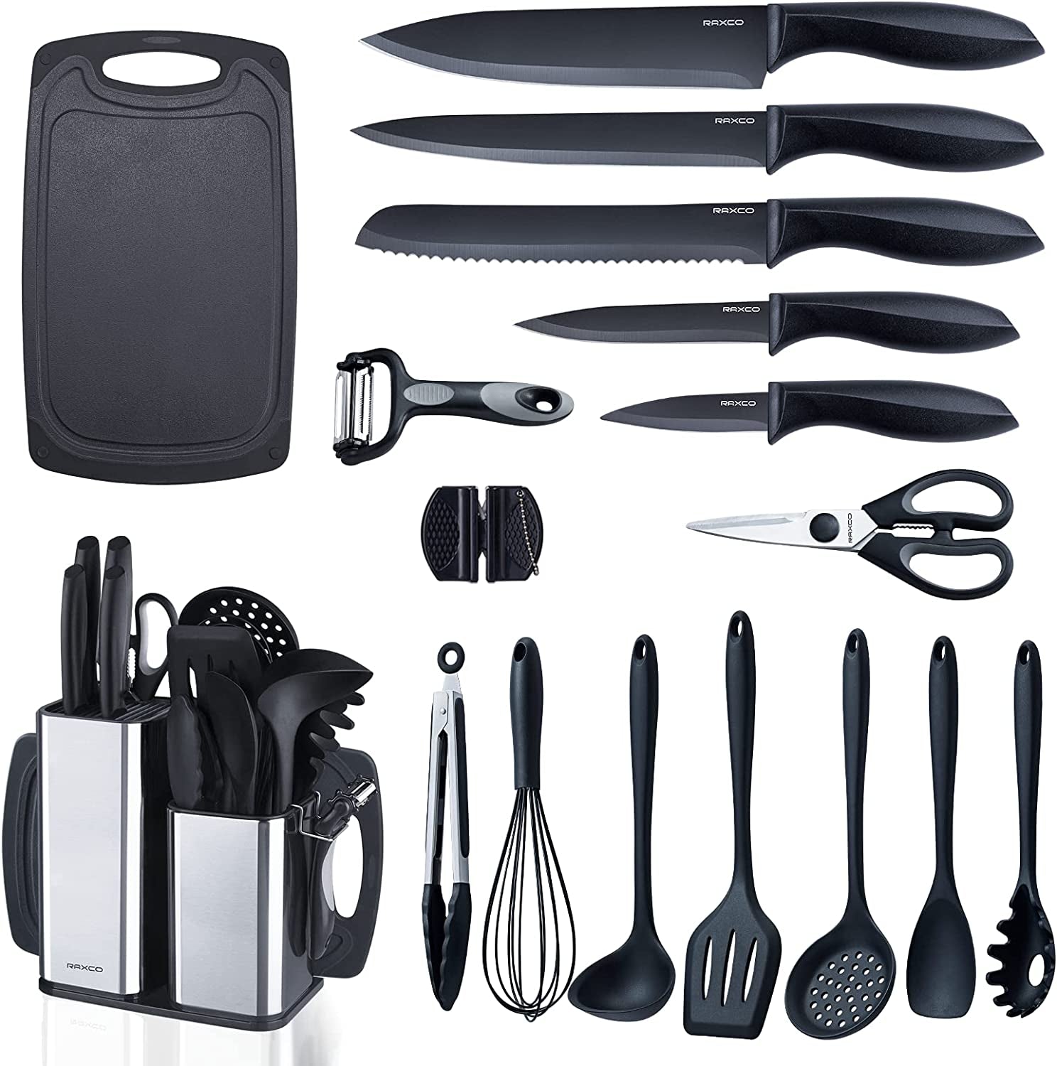 Kitchen Utensils Set,18-Piece Cooking Tools and Sharp Knives,Stainless Steel Holder and Cutting Board