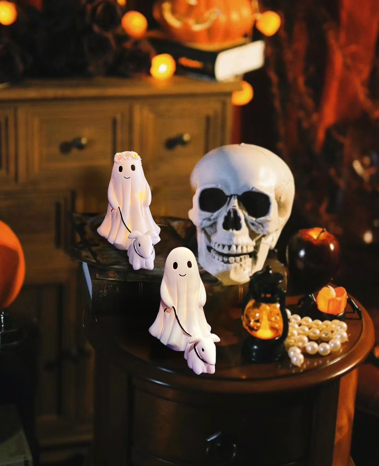 Ghost Walking Dog Display Statue Nightlight, Warm Lighted Indoor Figurine Lamps, Halloween Decors Spooky Dog Light, Cute Decorations for Party, Home, Bedroom, Shelf, Table Centerpiece (Boy)