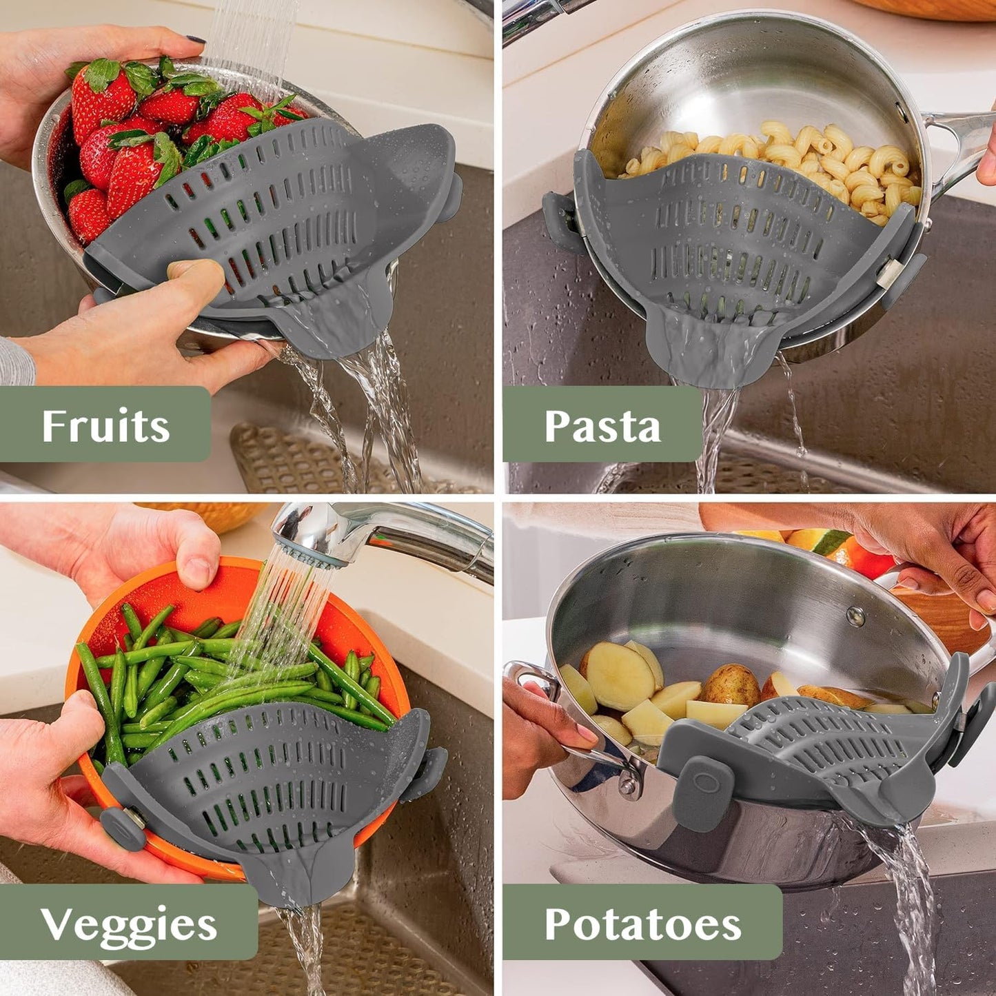 Snap N' Strain - Silicone Pasta Strainer Clip-On for Pots and Pans - Heat Resistant Colander for Vegetables and Noodles - Kitchen Gadgets for Cooking - Space-Saving Design - Gray