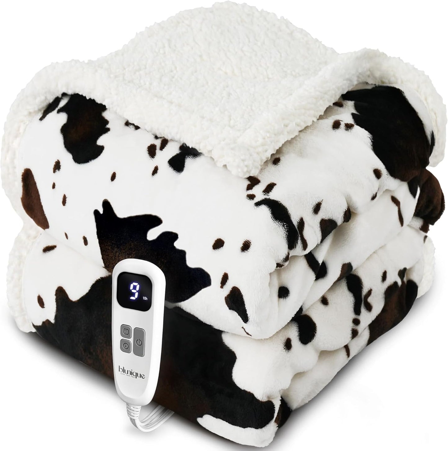 Cow Print Heated Throw Blanket, Electric Sherpa Fleece Blanket with 10 Heat Levels and 10-Hour Auto Off, Soft Washable 50 x 60 Inch Heating Blanket (White Cow Print)