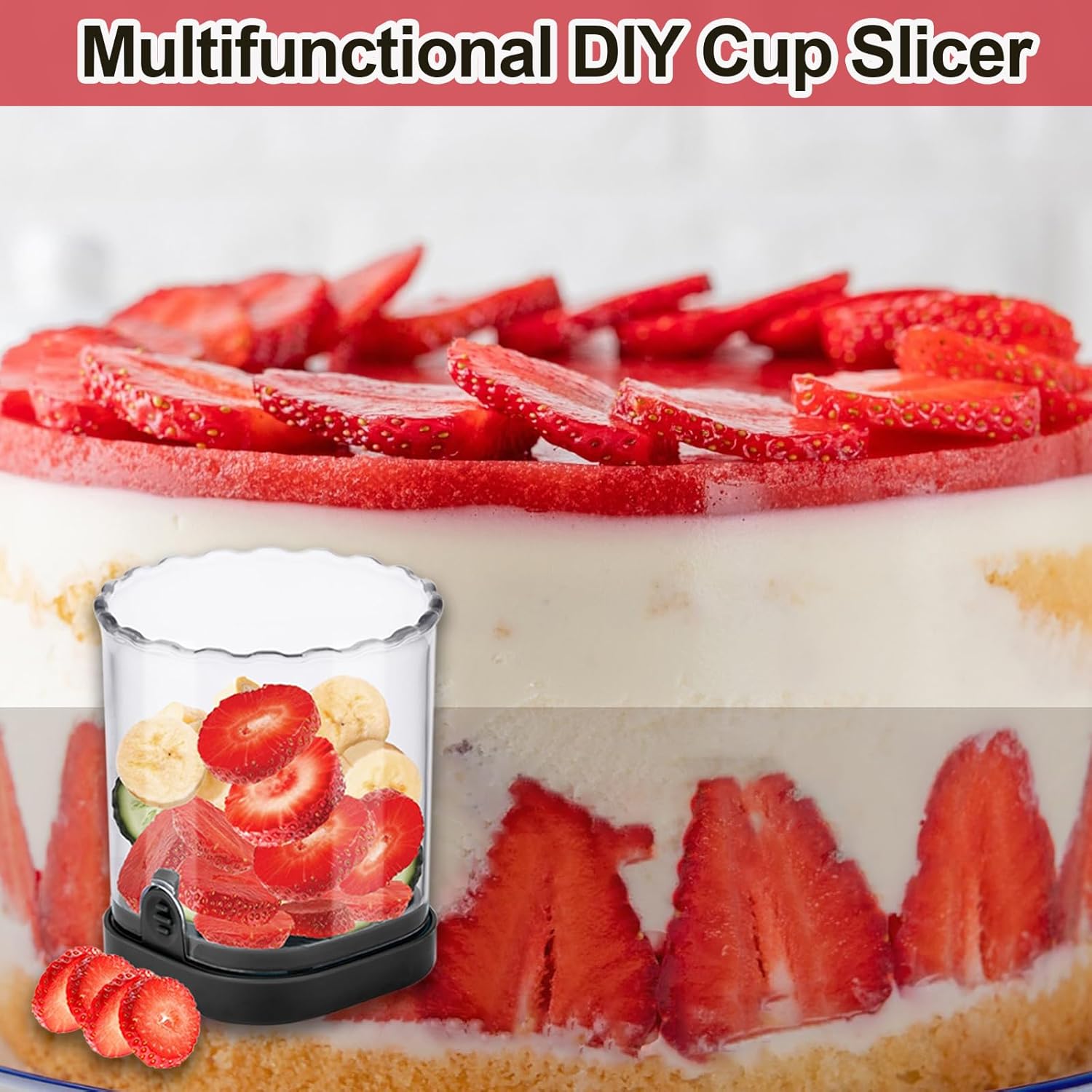  Strawberry Slicer with Stainless Steel Blades, Egg and Fruit Cutter Cup for Banana, Cucumber, Mushroom, Durable ABS Detachable Kitchen Gadget (Black, 1-Pack)